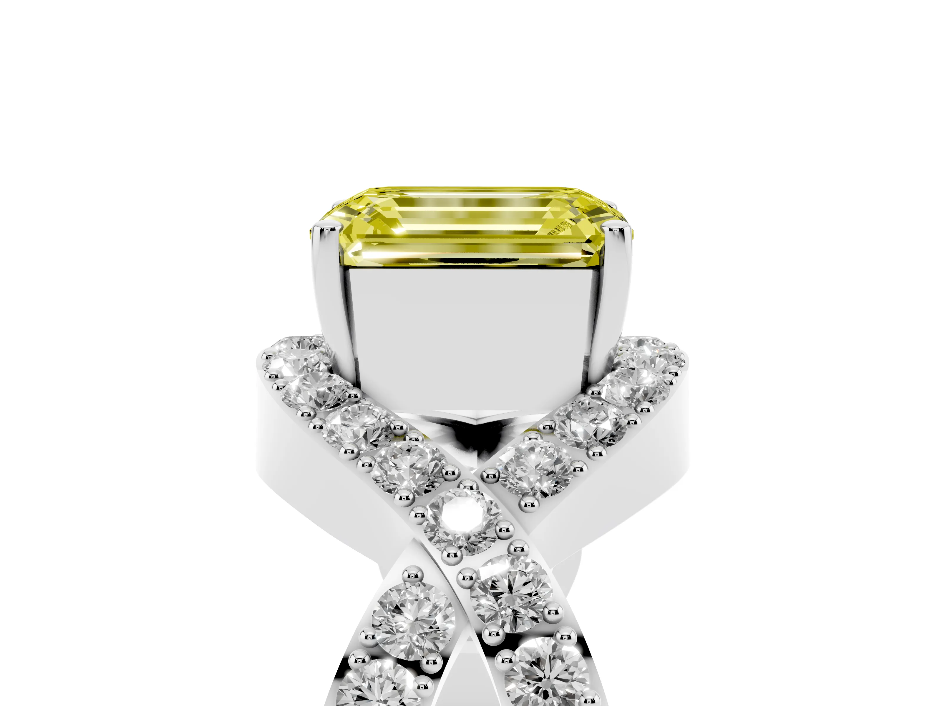 Fancy Yellow Emerald Cut Diamond Solitaire Twist Band Pavé Engagement Ring Set in Platinum