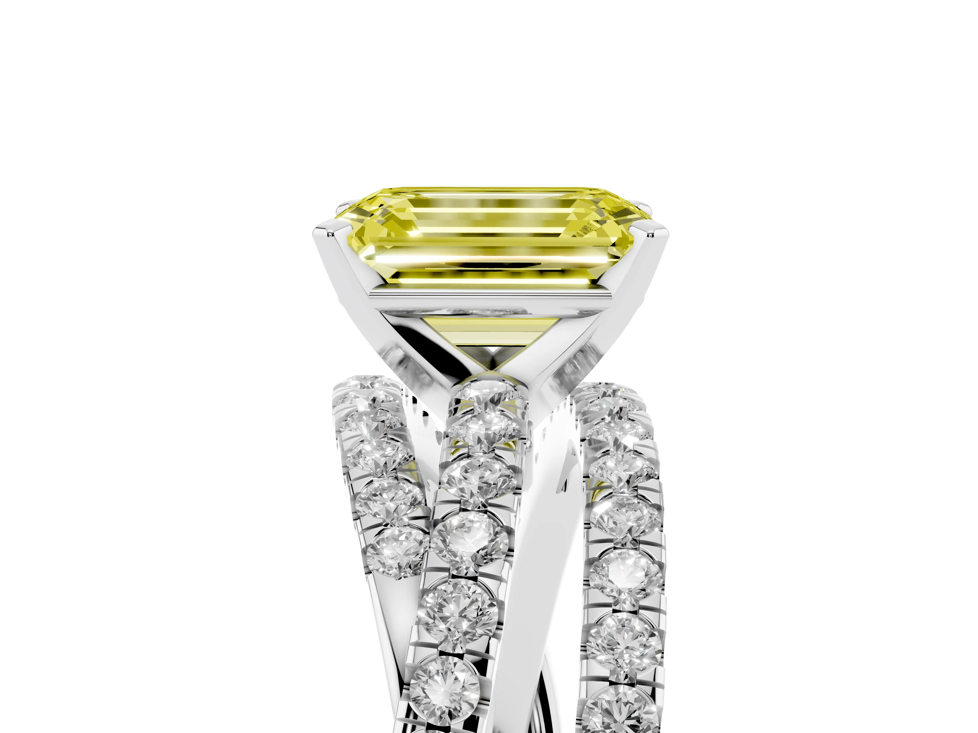 Fancy Yellow Emerald Cut Diamond Solitaire Twist Band Ring Set in Silver with Pavé Setting and Prong Head