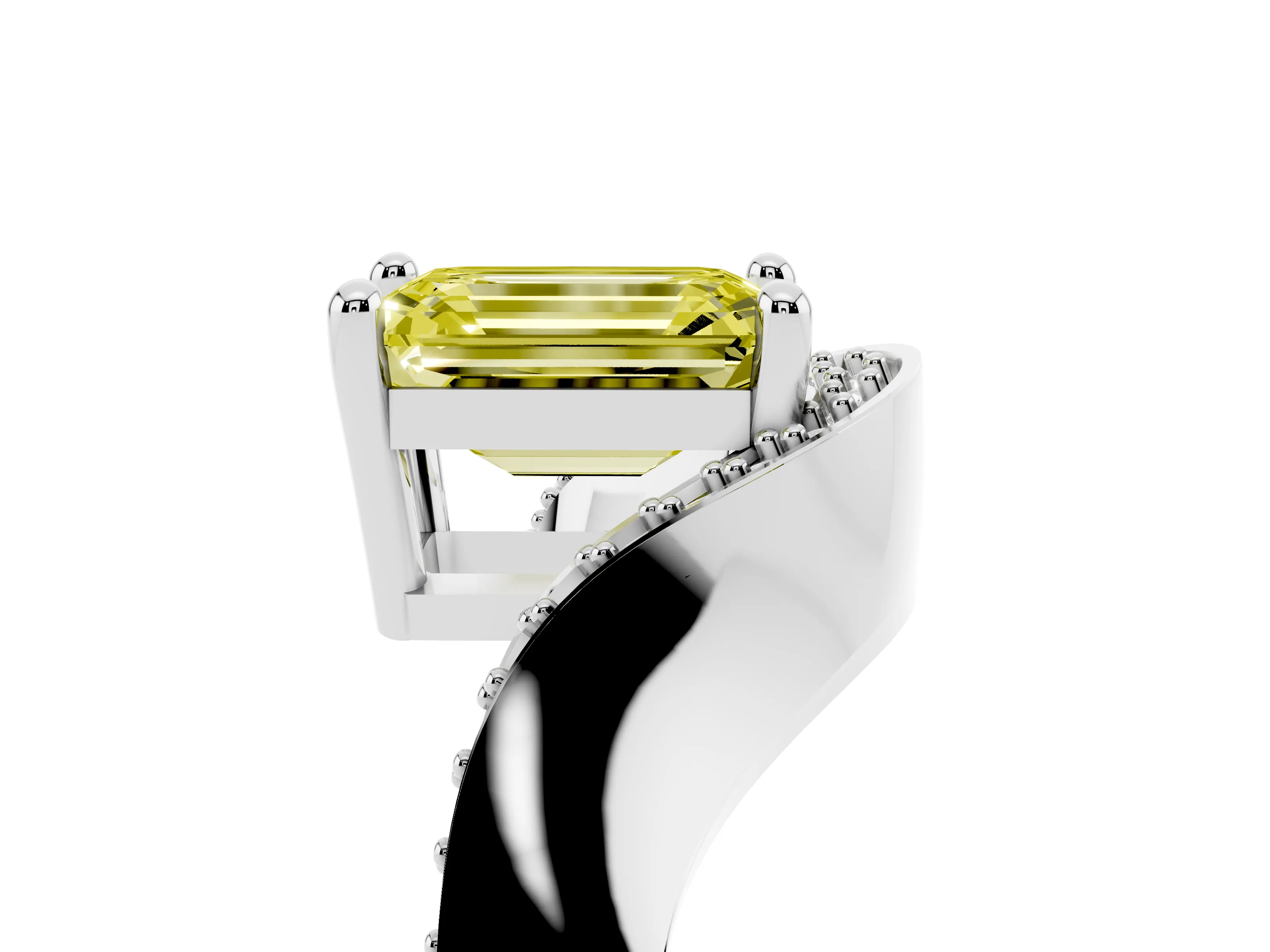 Fancy Yellow Emerald Cut Diamond Solitaire Engagement Ring Set in Silver with Pavé Shoulders