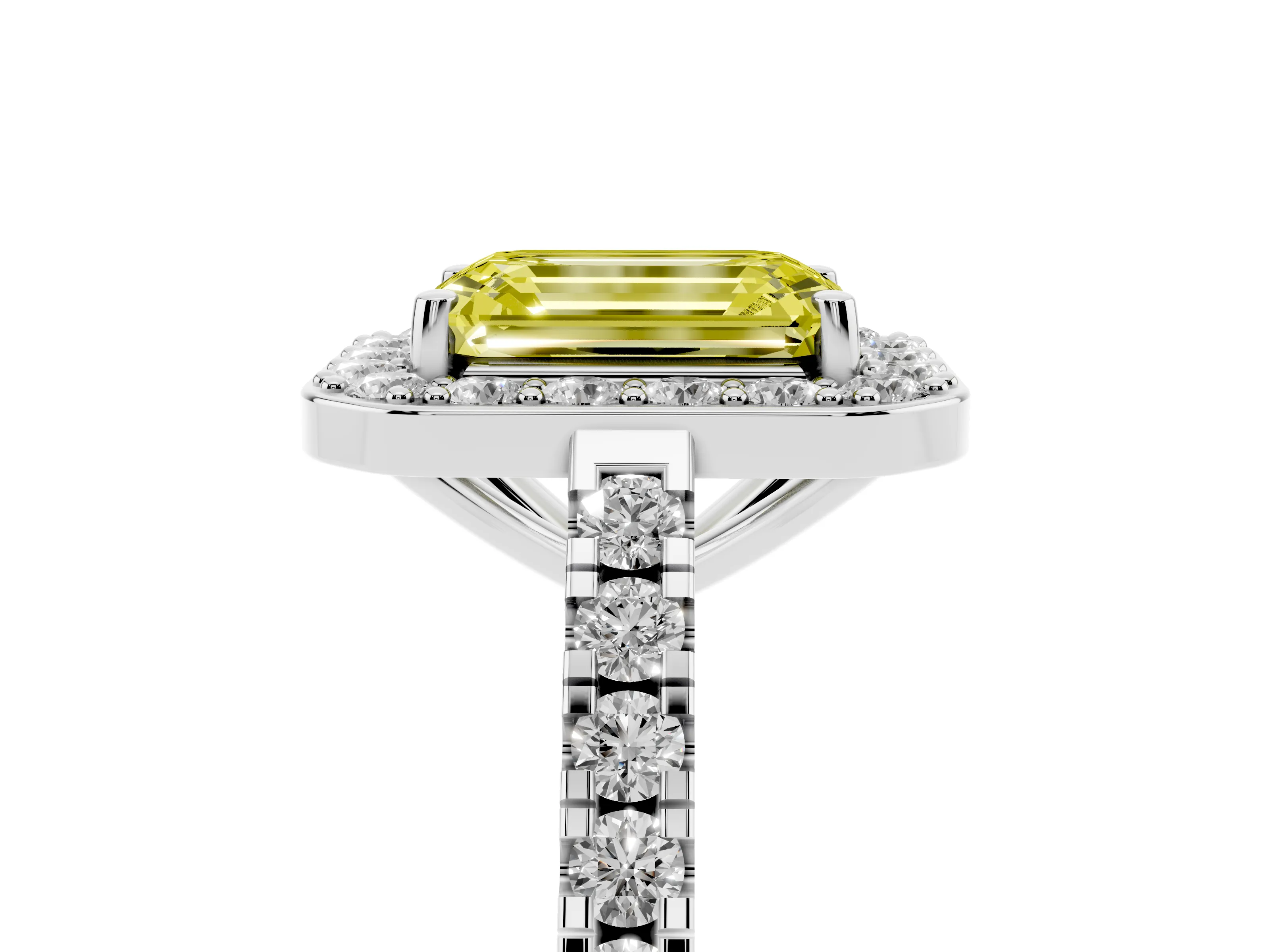 Fancy Yellow Emerald Cut Diamond Halo Ring Set in Silver with Round Pavé Split Shank and Prong Setting