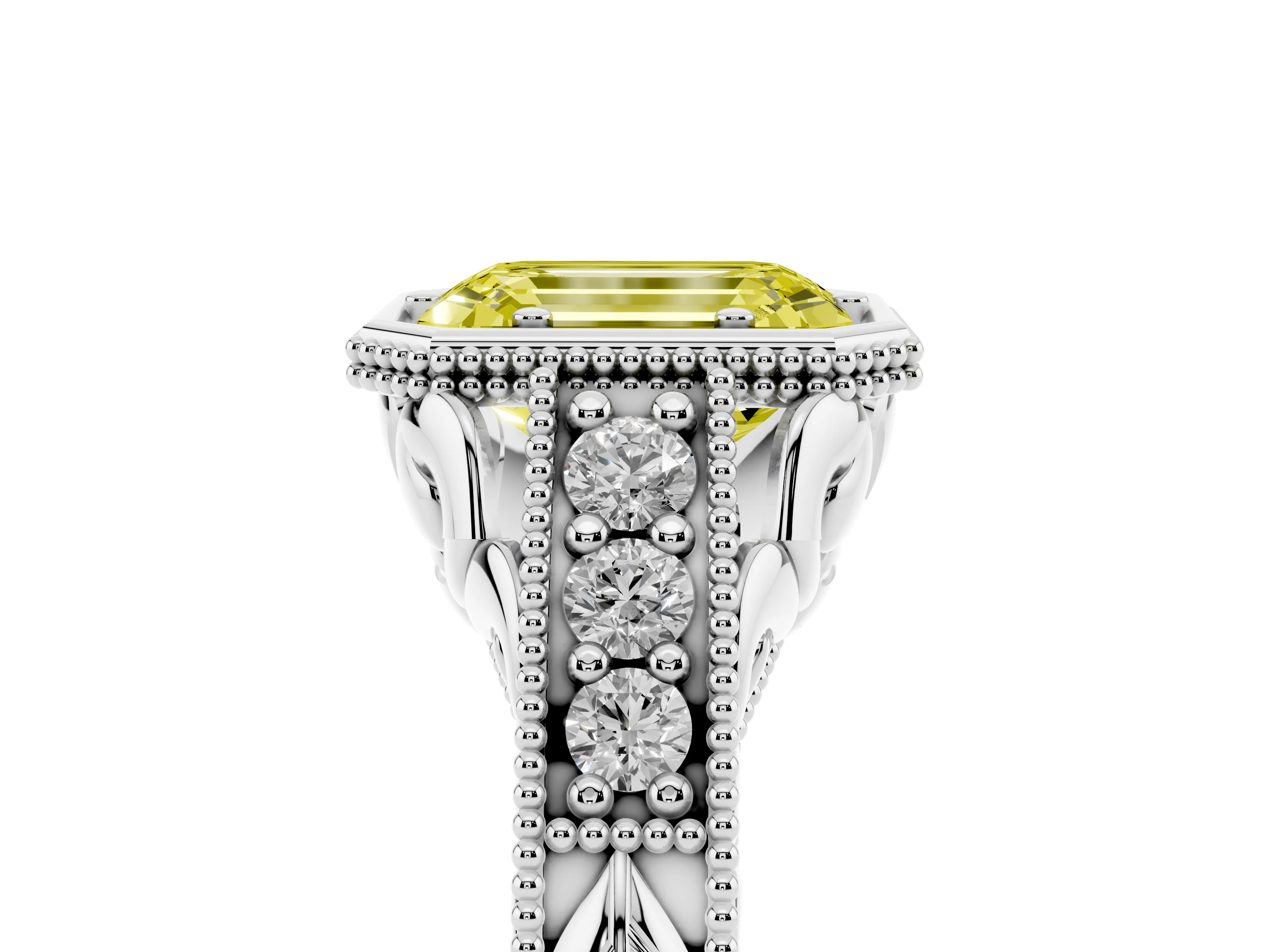 Fancy Yellow Bezel Set Emerald Cut Diamond Milgrain Pavé Engagement Ring Set in Silver