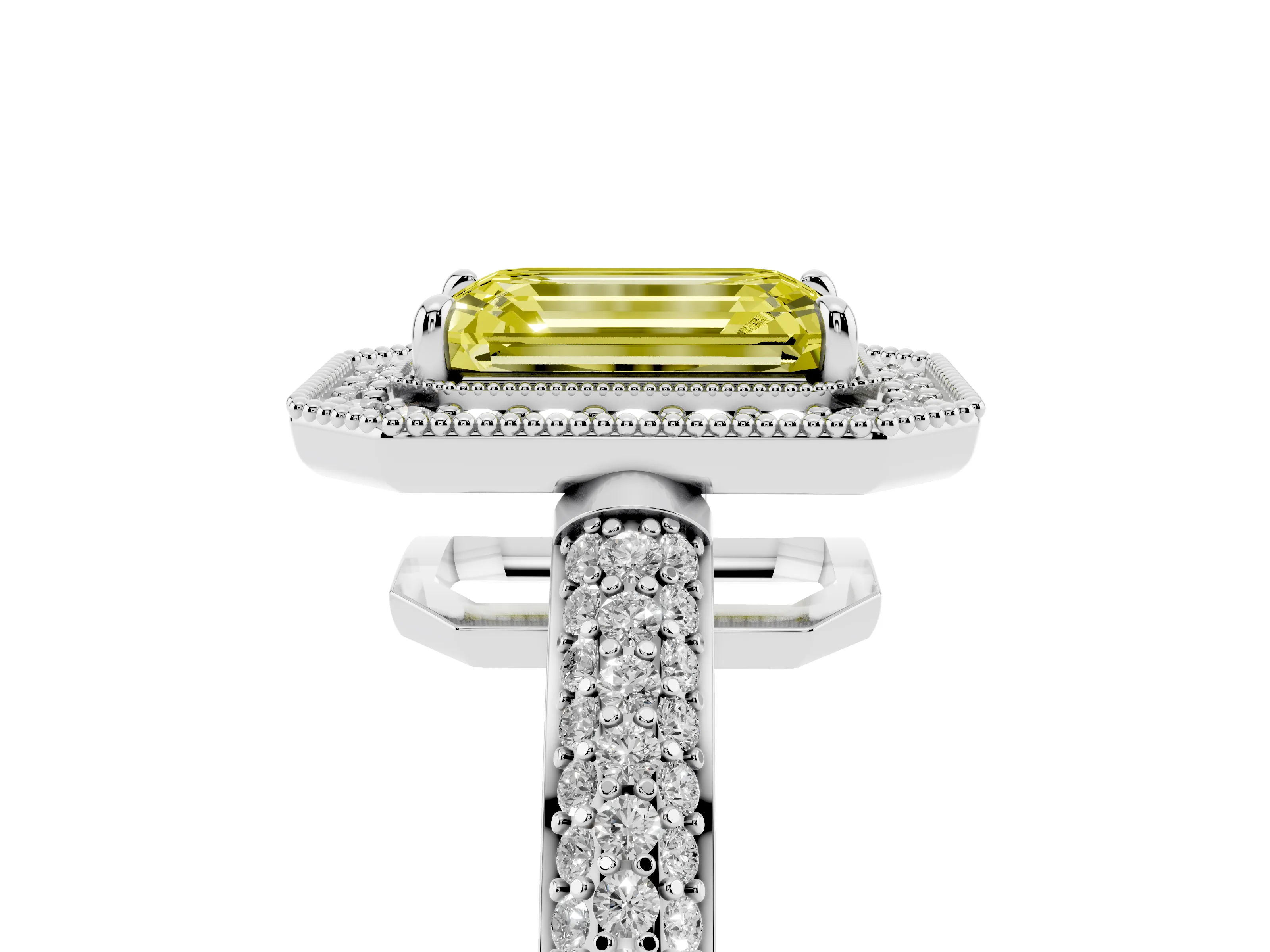 Fancy Yellow Emerald Cut Diamond Halo Pavé Band Set in Platinum with Prong Setting