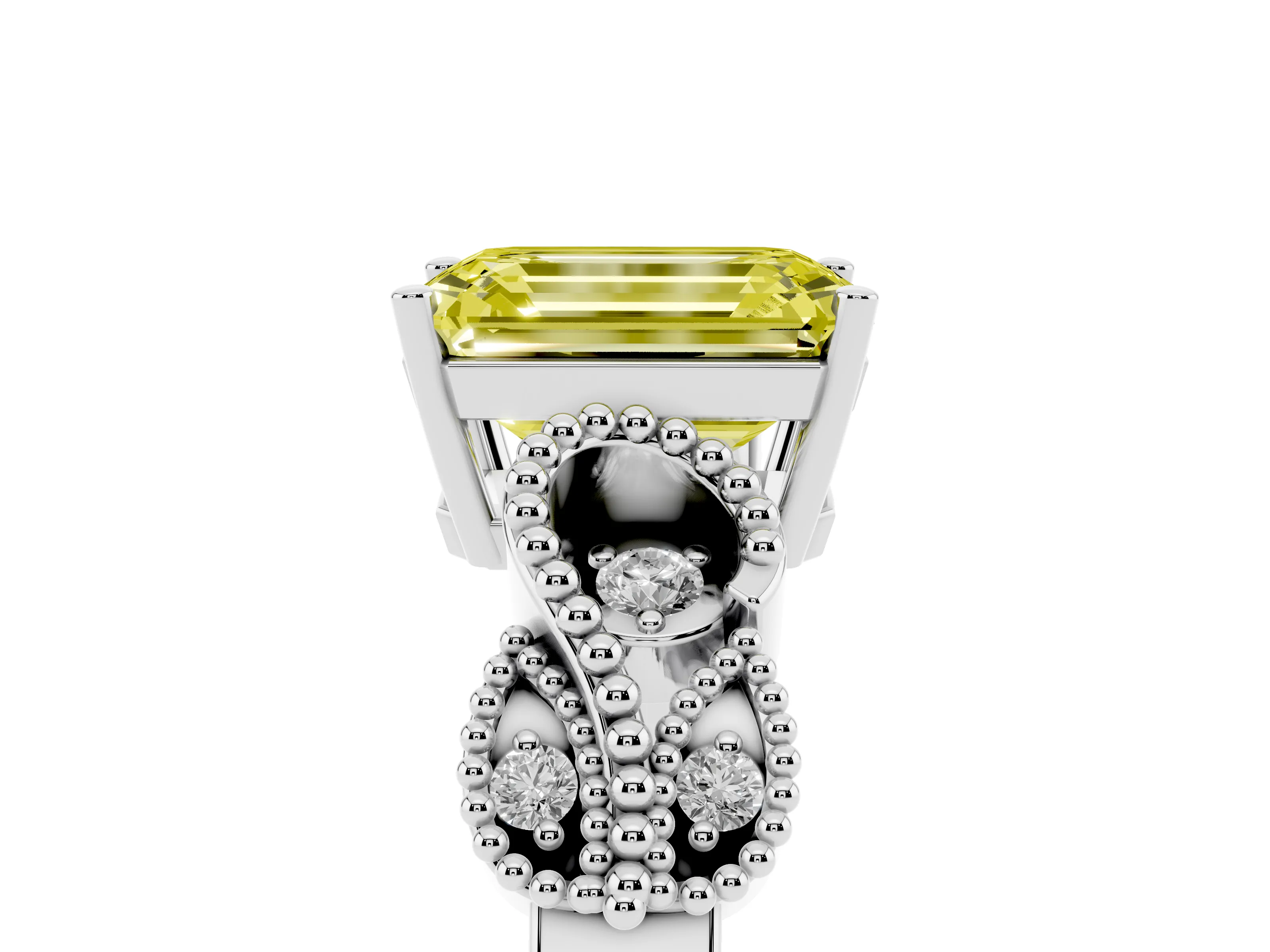 Fancy Yellow Emerald Cut Diamond Milgrain Leaf Band Solitaire Ring Set in White gold with Accent Stones and Prong Setting