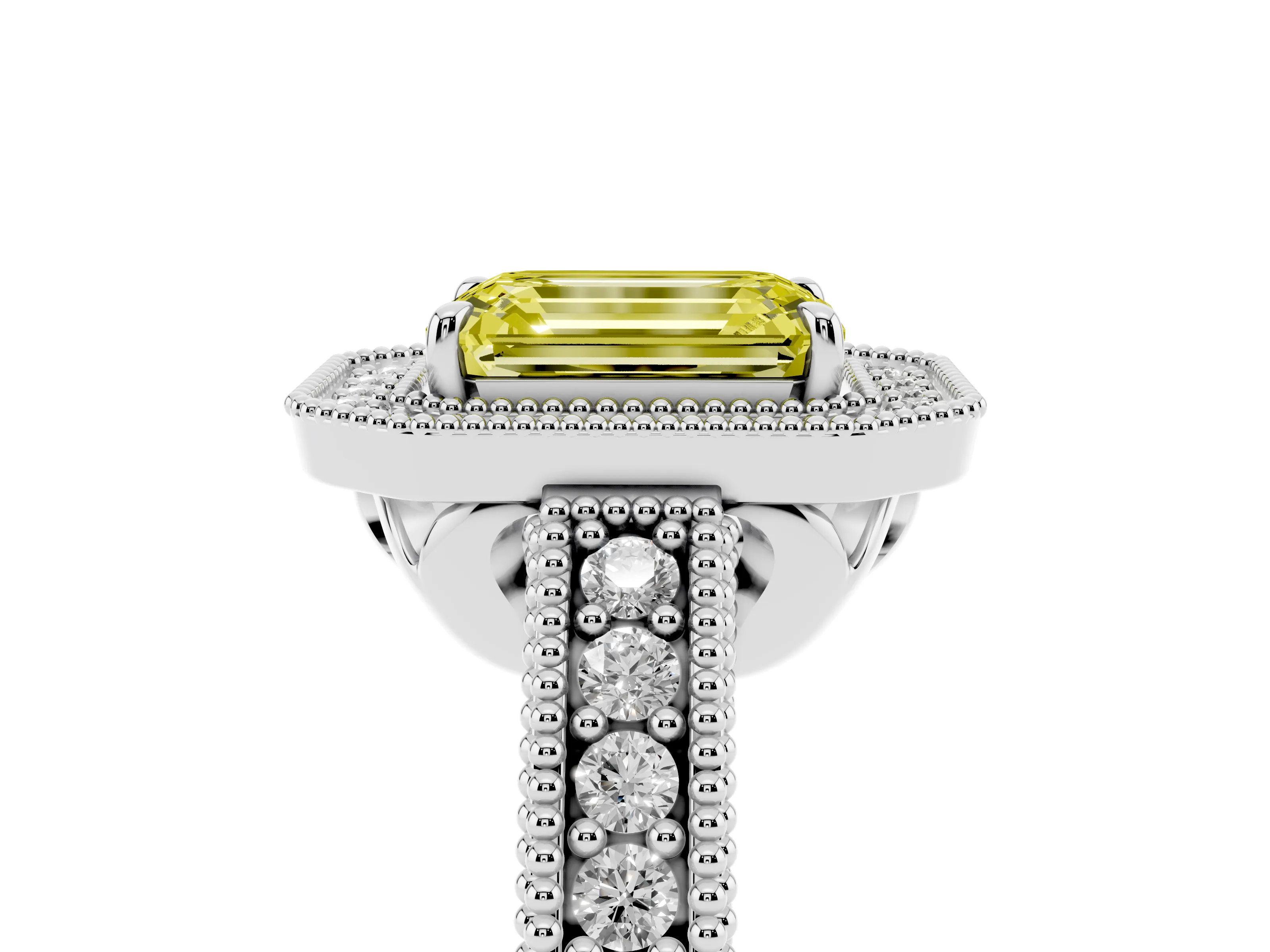 Fancy Yellow Emerald Cut Diamond Halo Ring Set in Silver with Round Accent Halo, Pavé Band and Prong Setting
