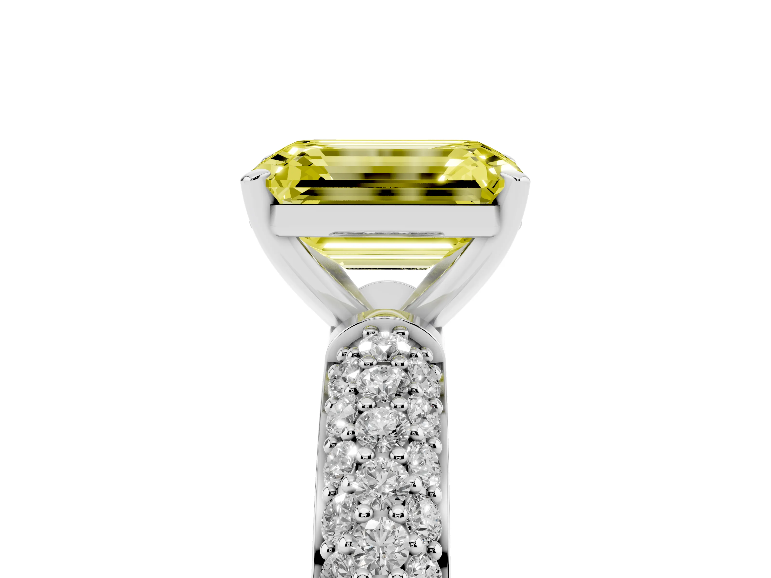 Fancy Yellow Emerald Cut Diamond Solitaire Ring Set in Platinum with Prong Setting and Pavé-Set Band