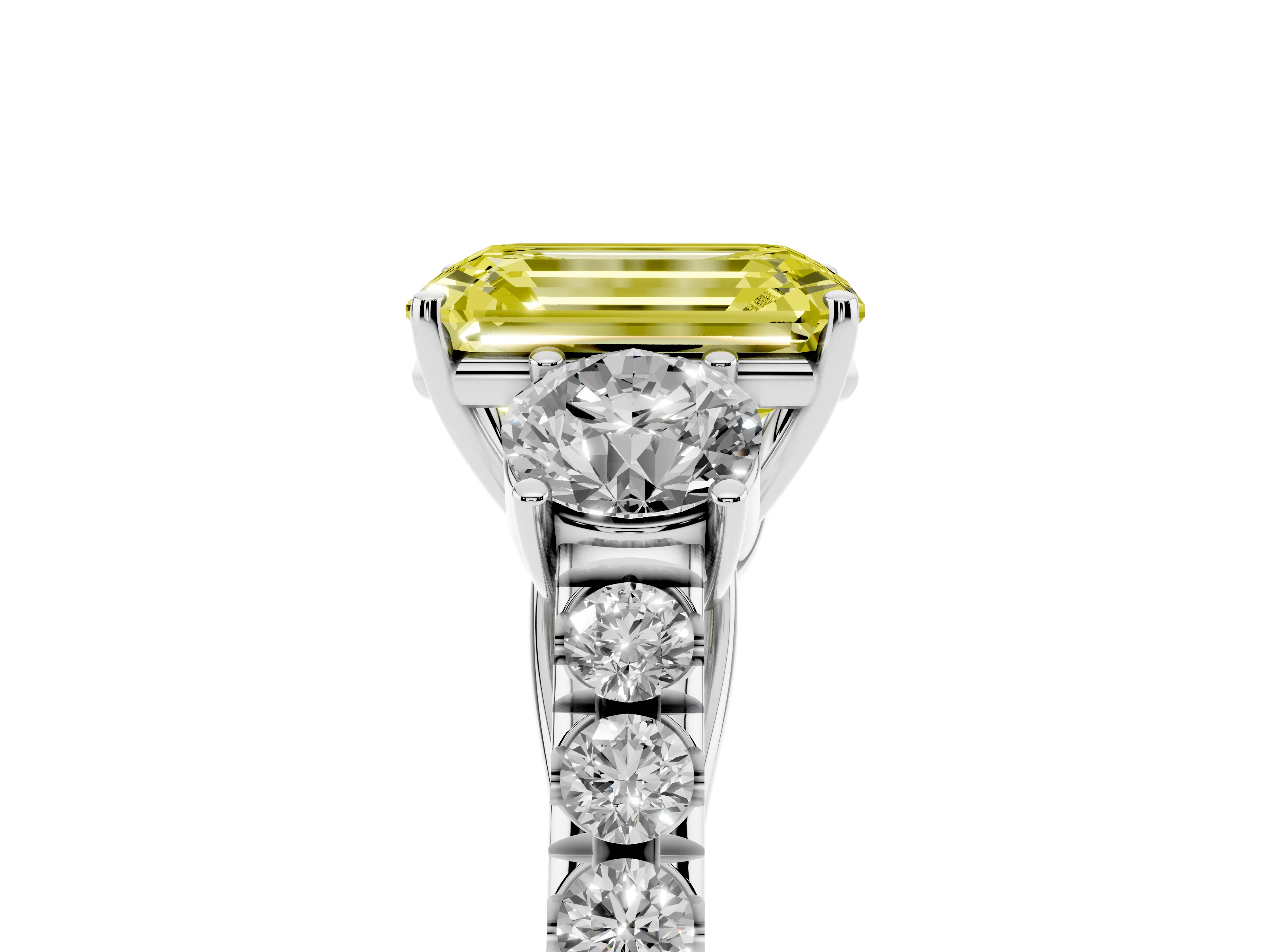 Fancy Yellow Emerald Cut Diamond Three-Stone Ring Set in White gold with Round Side Stones and Delicate Pavé Band