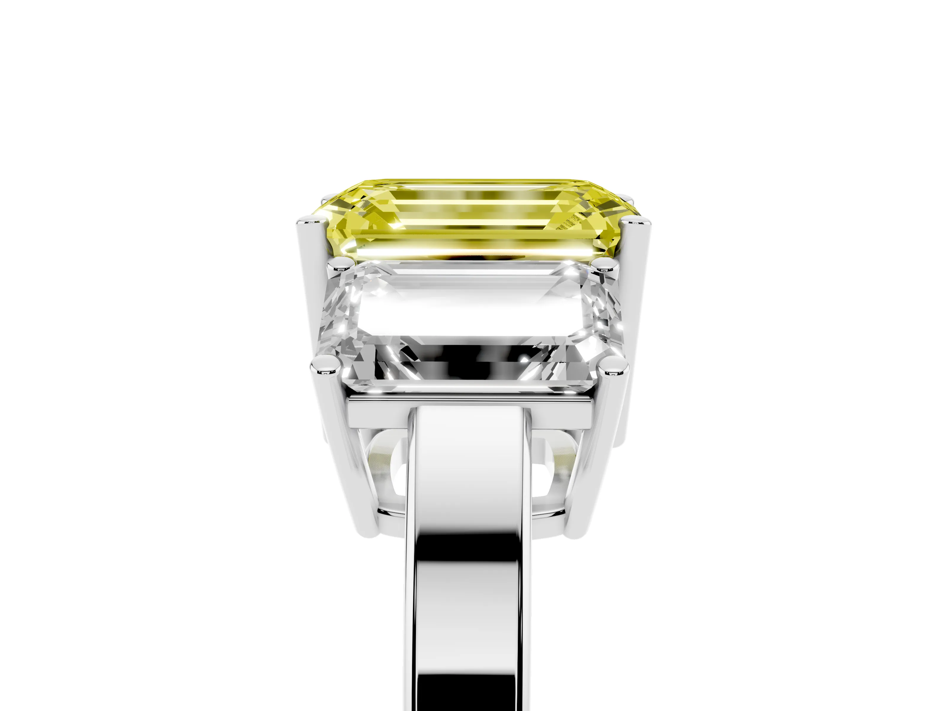 Fancy Yellow Emerald Cut Diamond Three-Stone Engagement Ring Set in Silver with Flat Band