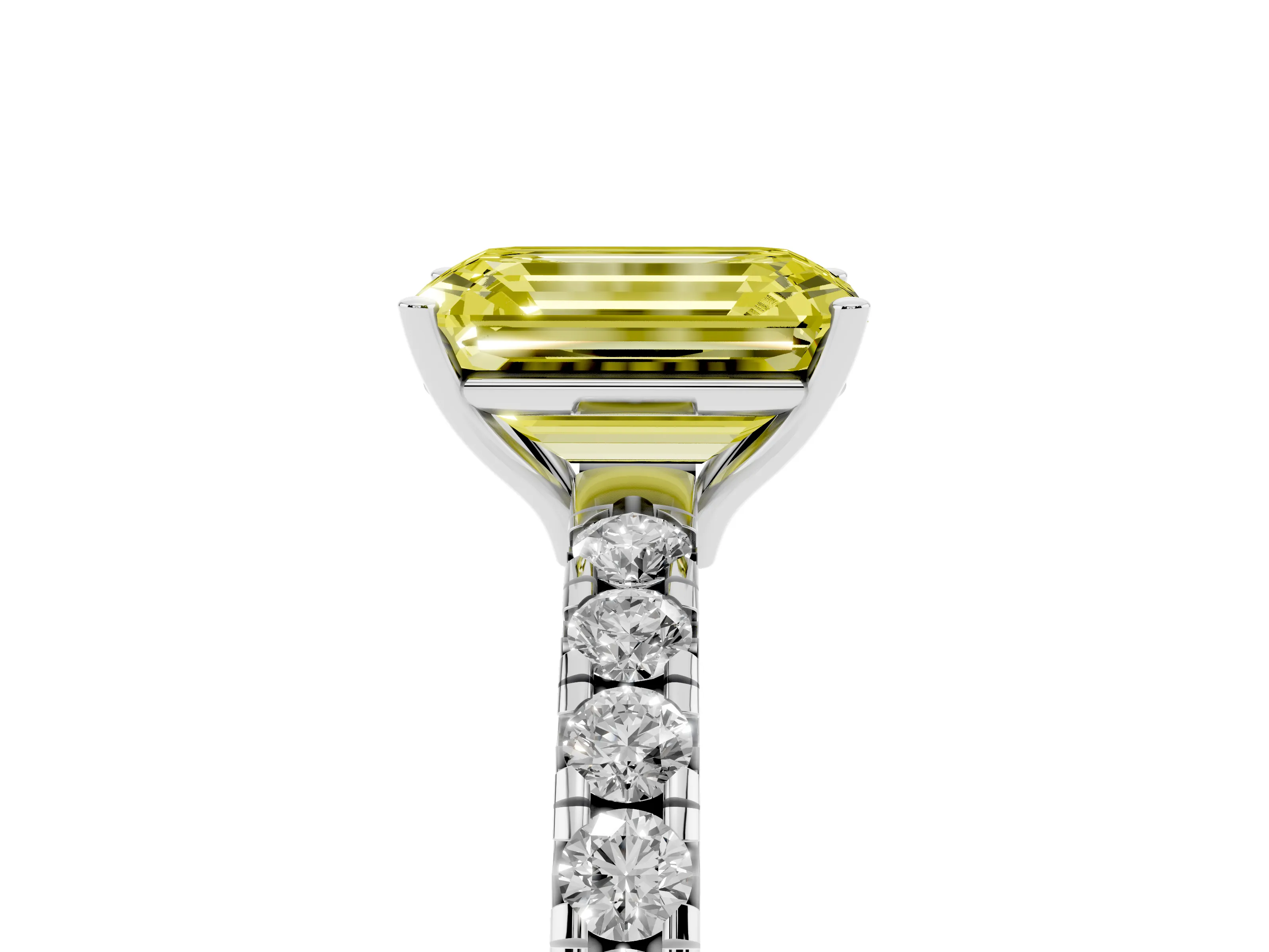 Fancy Yellow Emerald Cut Diamond Pavé Solitaire Engagement Ring Set in Platinum with Prong Setting