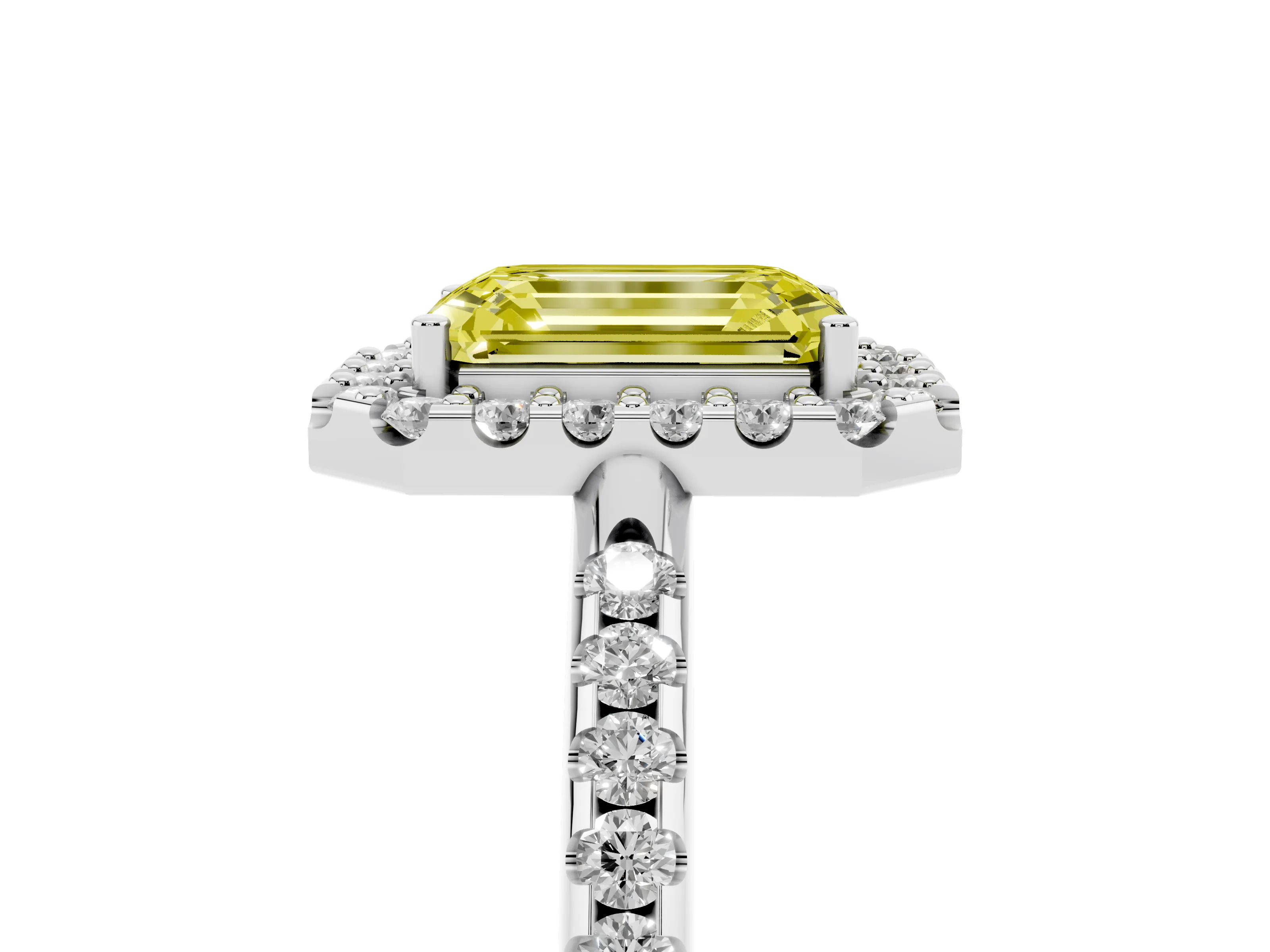 Fancy Yellow Emerald Cut Diamond Pavé Halo Ring Set in Silver with Prong Setting