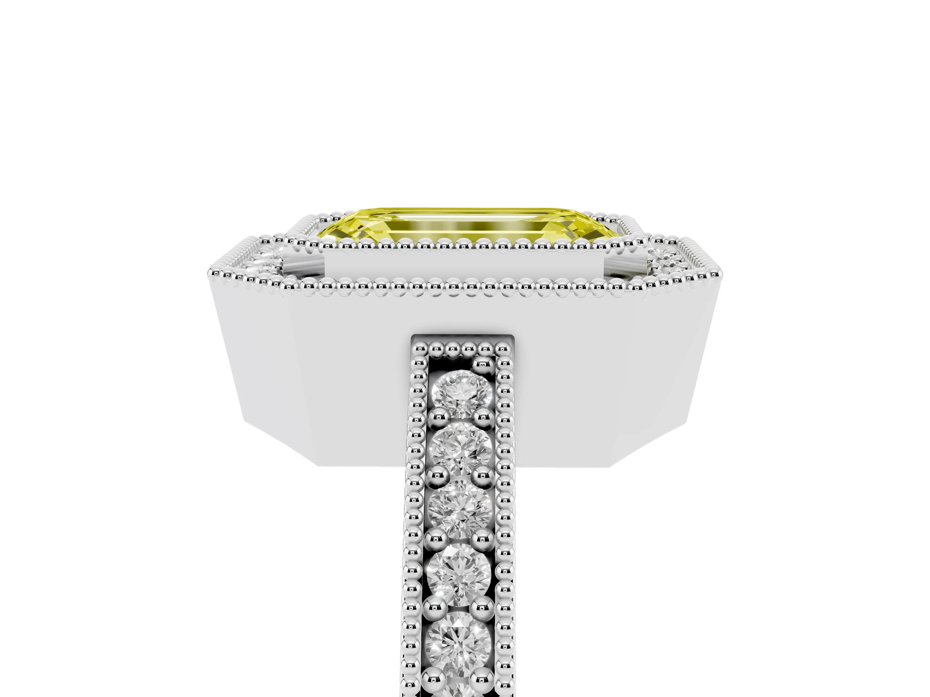 Fancy Yellow Emerald Cut Diamond Halo Engagement Ring Set in White gold with Pavé Band and Round Halo Stones