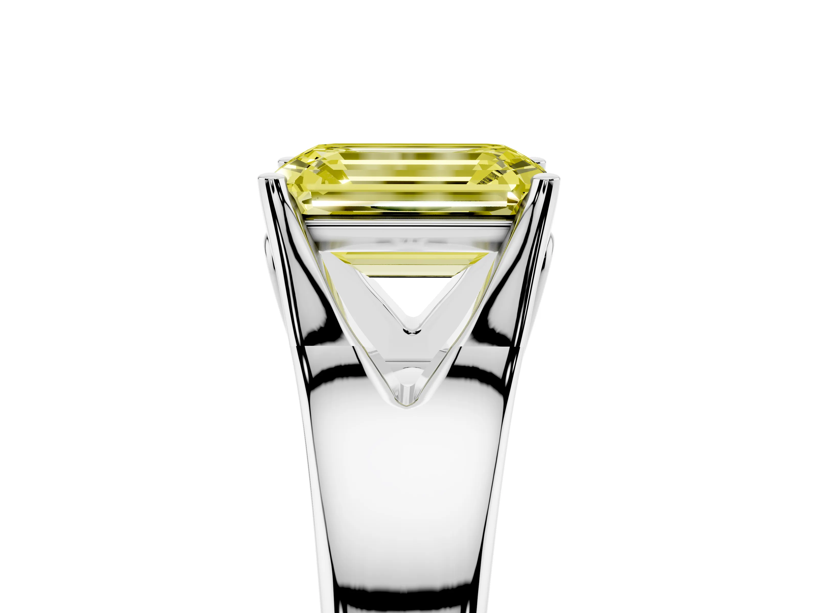 Fancy Yellow Emerald Cut Diamond Solitaire Ring Set in White gold with Arched Cathedral Band and Prong Setting