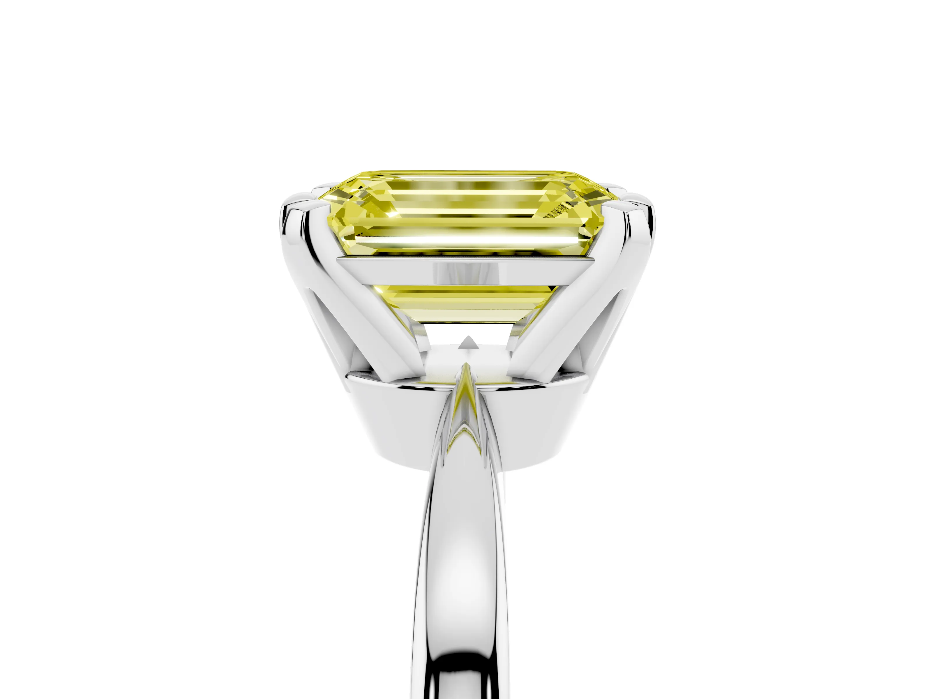 Fancy Yellow Emerald Cut Diamond Solitaire Engagement Ring Set in White gold with Slim Tapered Solitaire Band