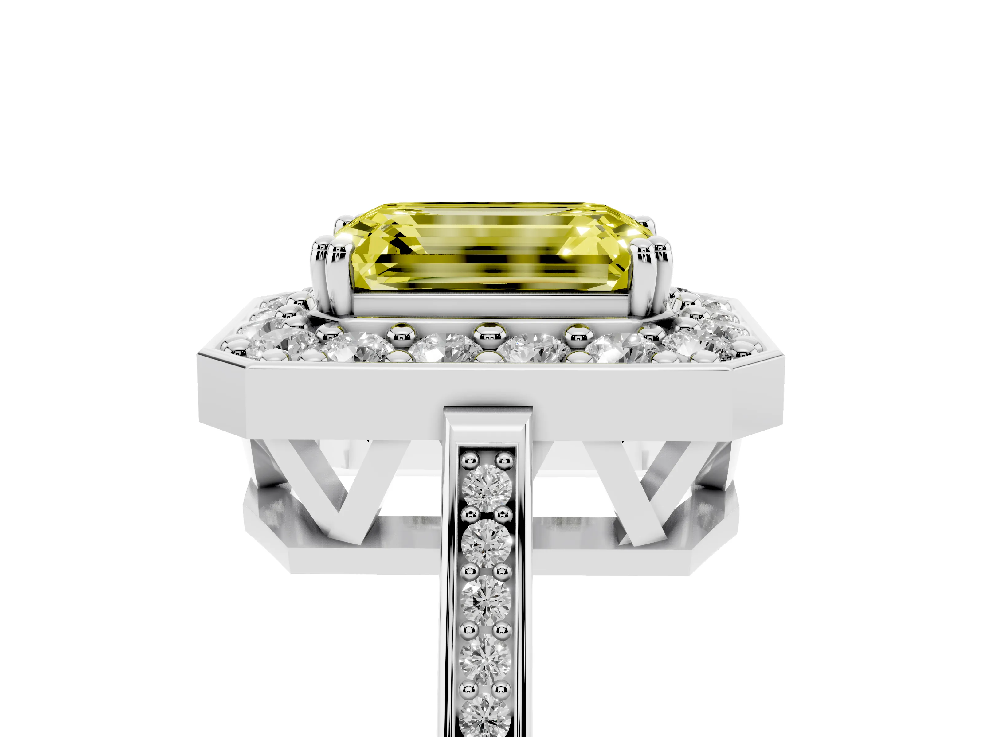 Fancy Yellow Emerald Cut Diamond Halo Ring Set in White gold with Accent-Lined Split Shank and Prong Setting