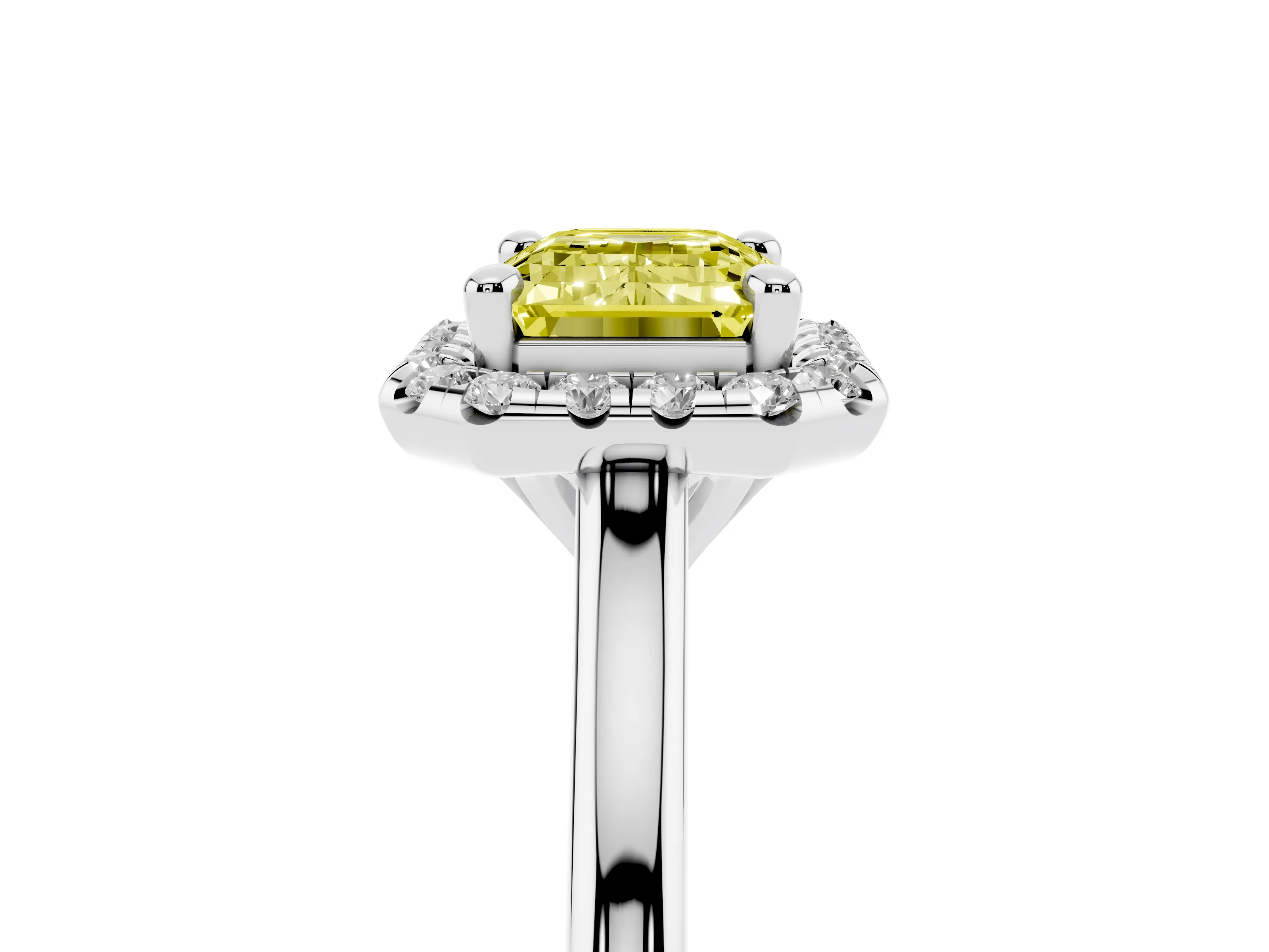 Fancy Yellow Emerald Cut Diamond Halo Engagement Ring Set in White gold with Pavé Band and Rising Shoulders