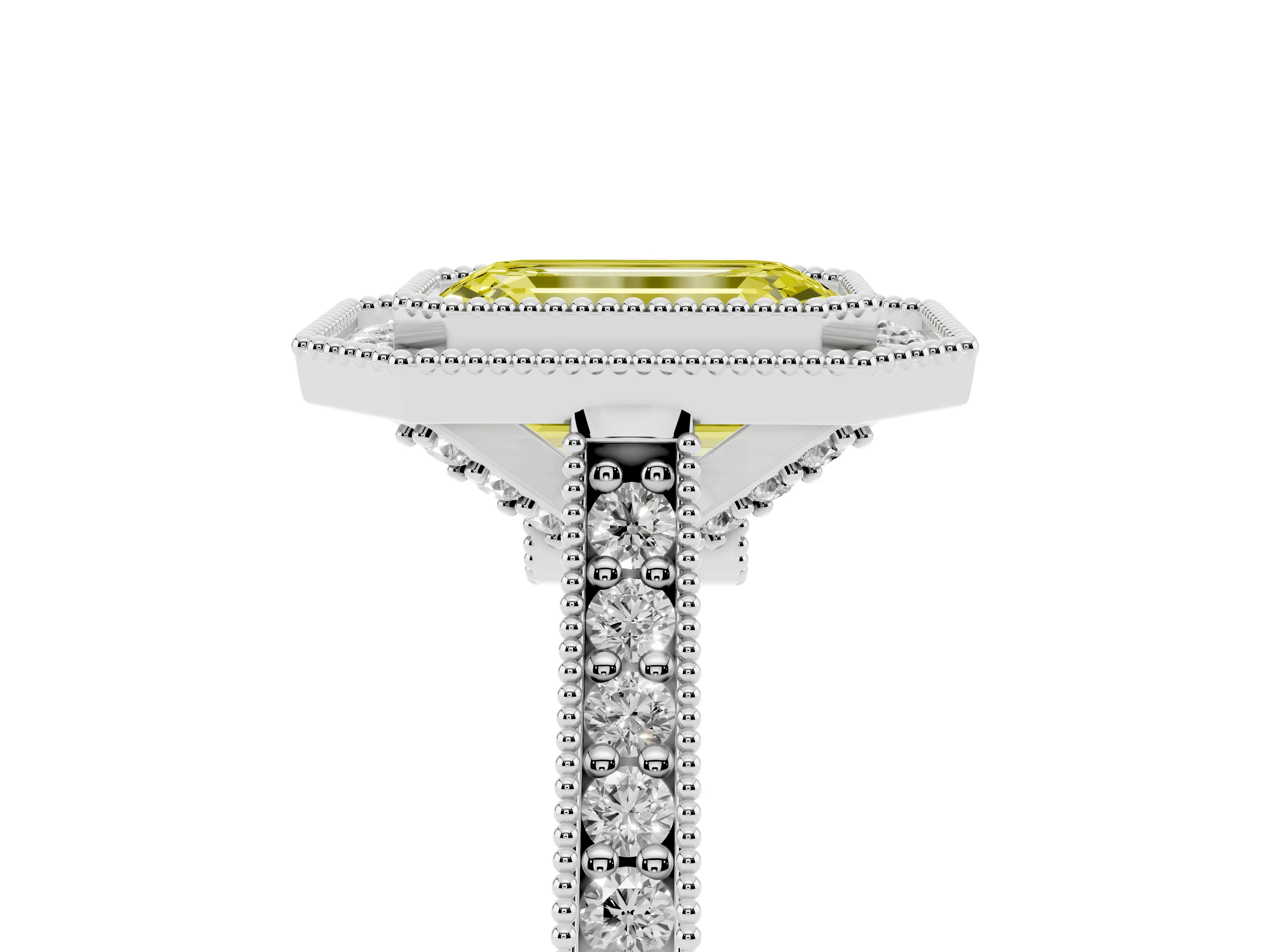 Fancy Yellow Emerald Cut Diamond Halo Milgrain Pavé Band Ring Set in Platinum with Prong Setting
