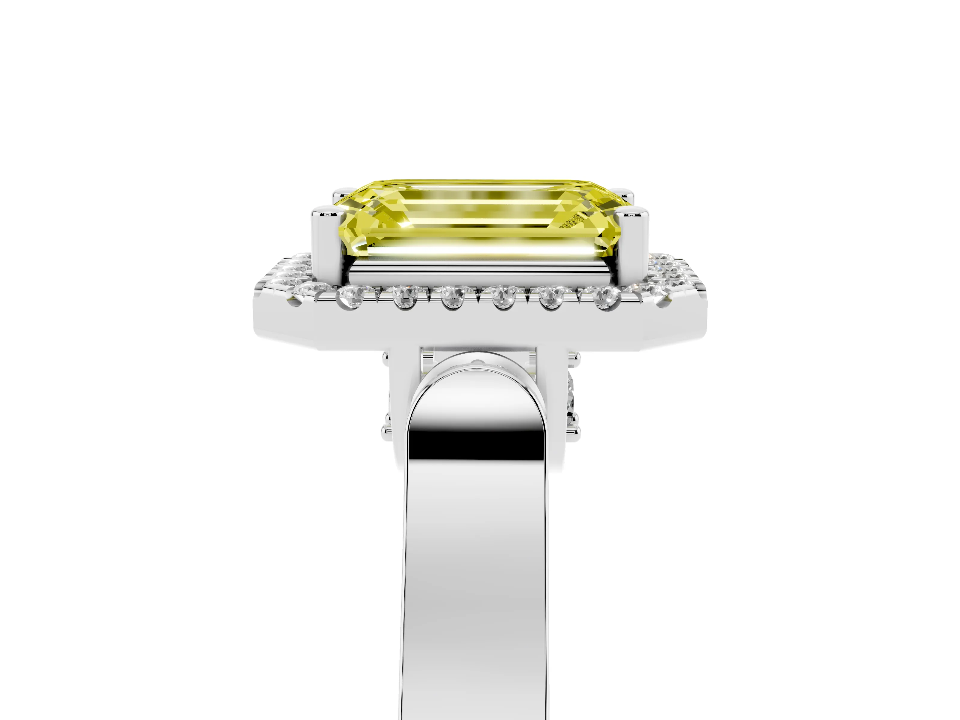 Fancy Yellow Emerald Cut Diamond Halo Ring Set in Silver with Pavé-Lined Split Shank Band