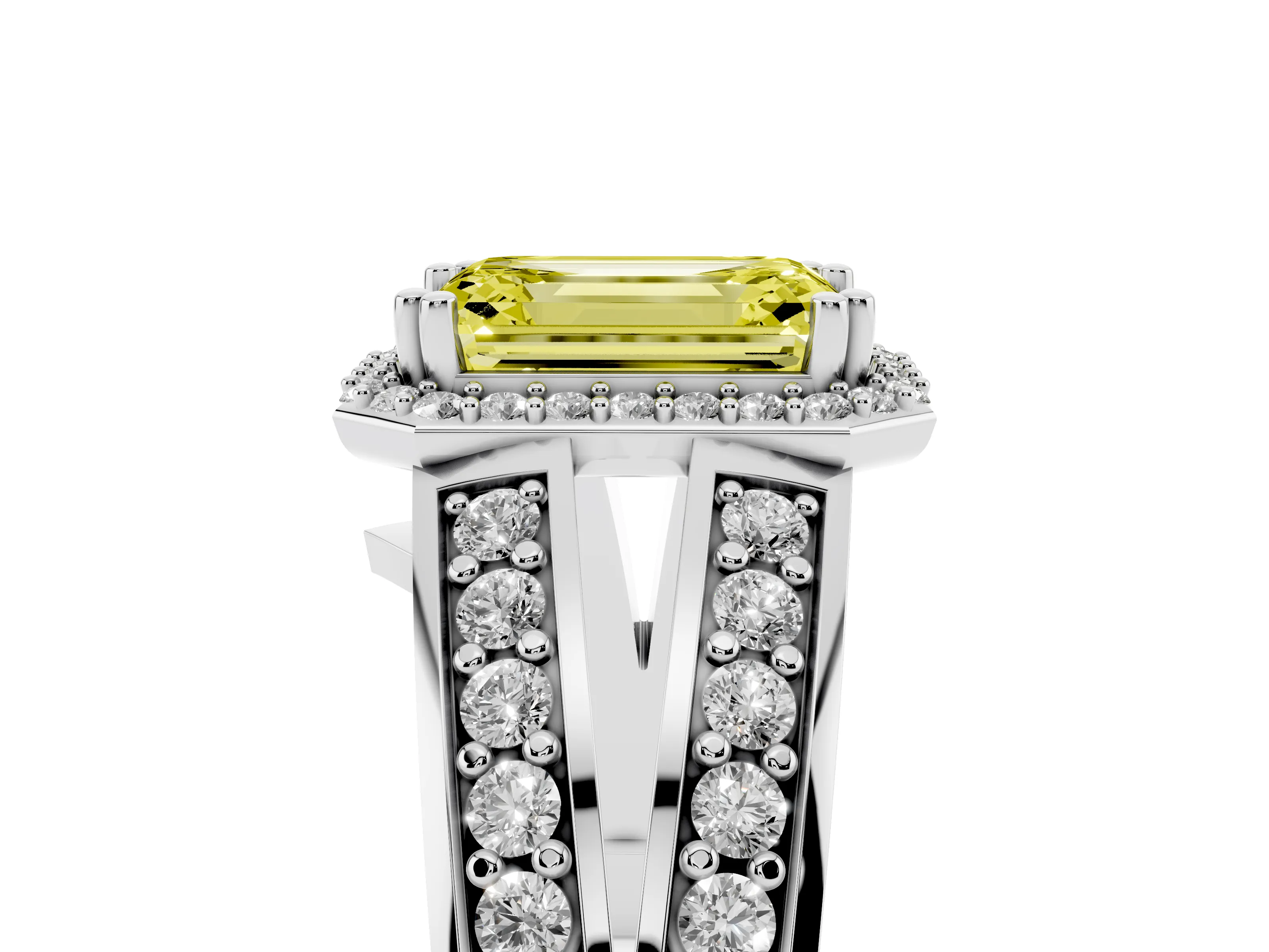 Fancy Yellow Emerald Cut Diamond Halo Ring Set in White gold with Double Pavé Split Shank