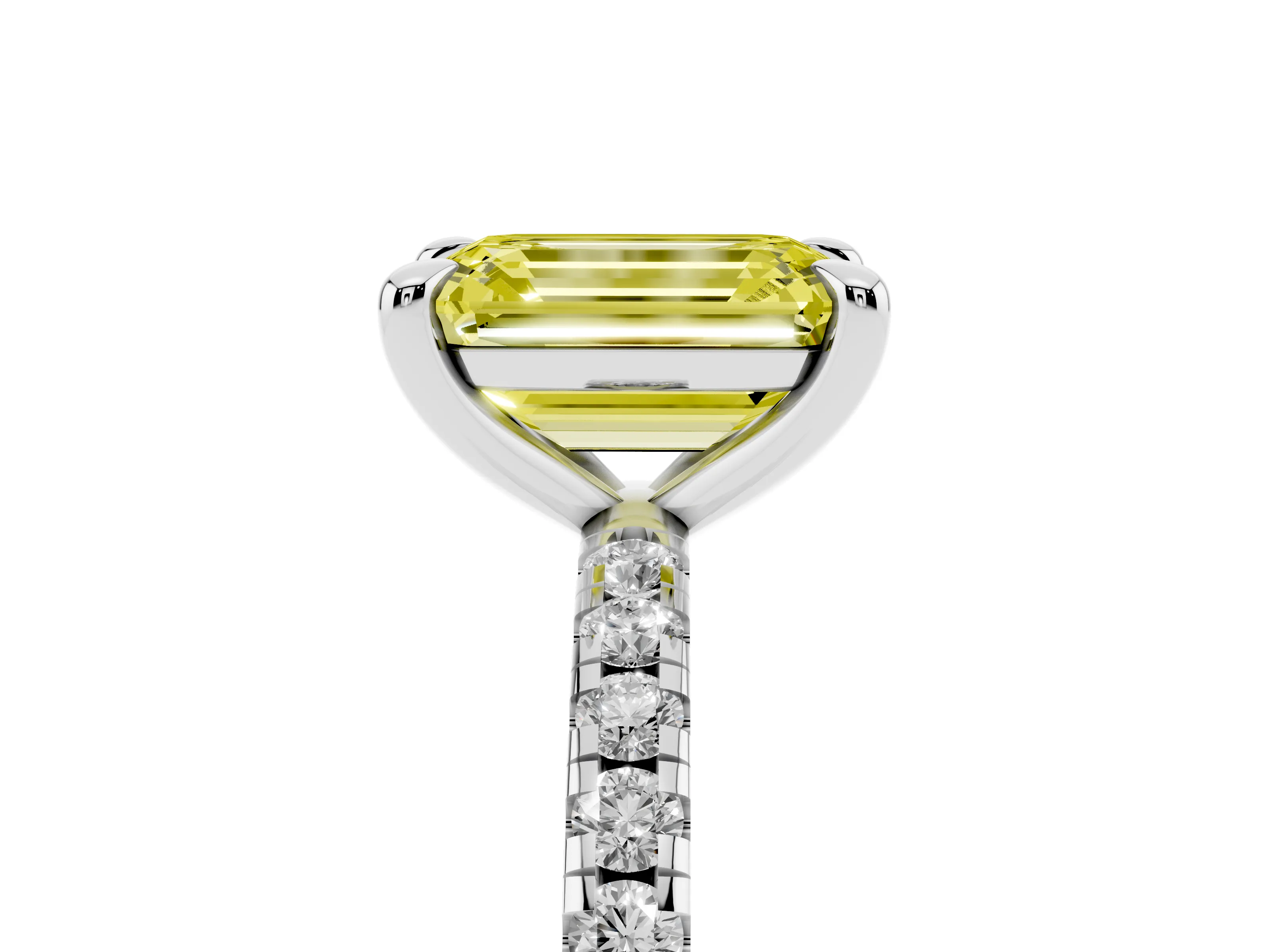Fancy Yellow Emerald Cut Diamond Brilliant Solitaire Ring Set in White gold with Pavé Band and Prong Setting