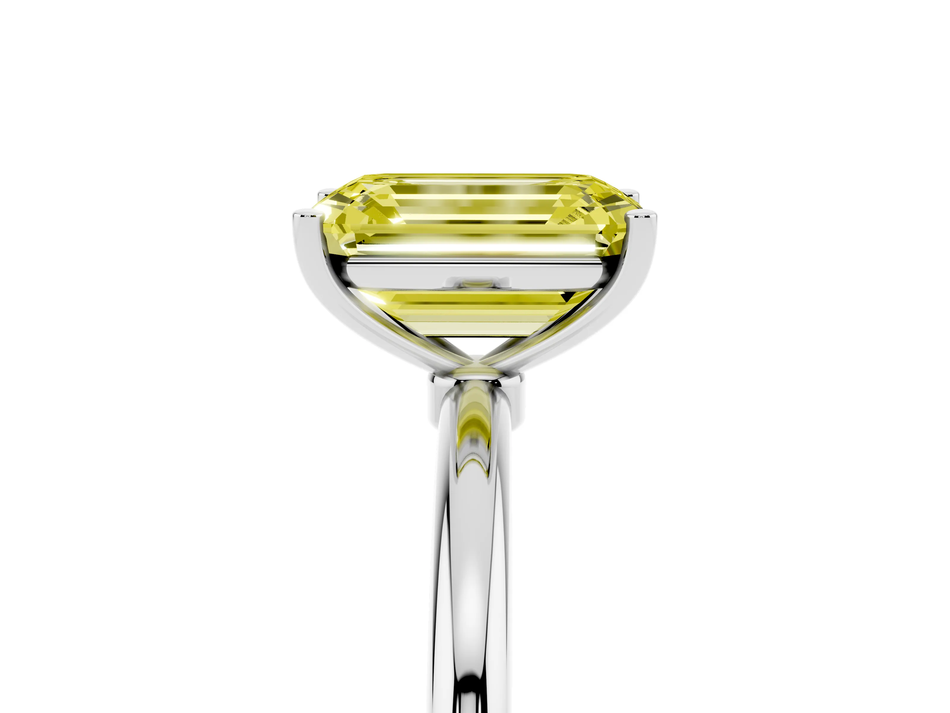 Fancy Yellow Emerald Cut Diamond Solitaire Engagement Ring Set in Platinum with Thin Band and Prong Setting