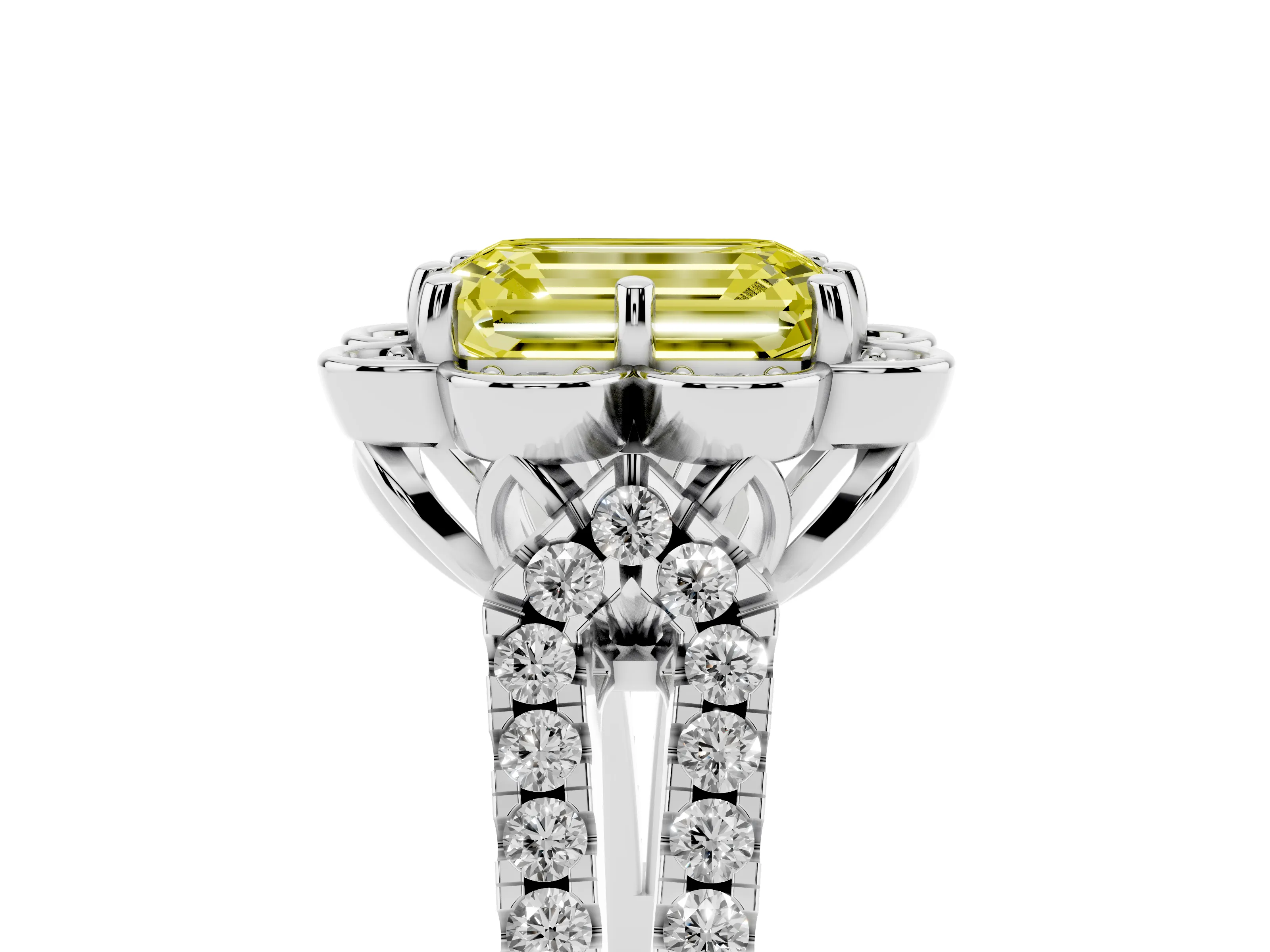 Fancy Yellow Emerald Cut Diamond Floral Halo Split Shank Engagement Ring Set in White gold with Pavé Shank