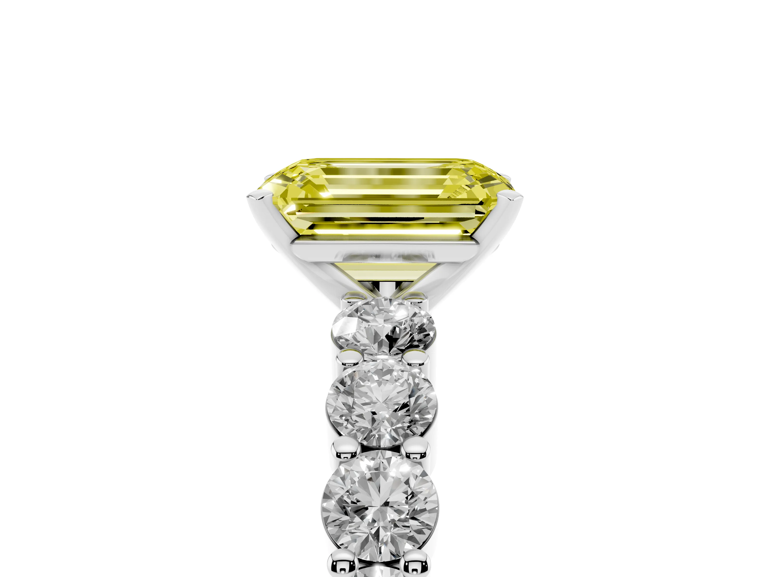 Fancy Yellow Emerald Cut Diamond Solitaire Ring Set in White gold with Shared Prong Round Side Stones