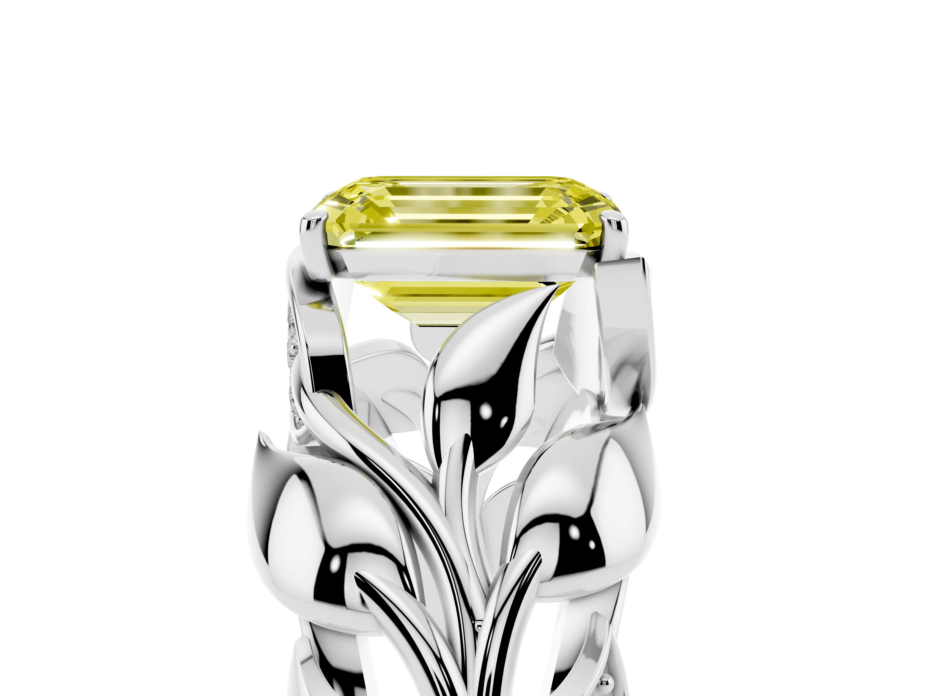 Fancy Yellow Emerald Cut Diamond Leaf-Inspired Engagement Ring Set in Silver with Round Accents