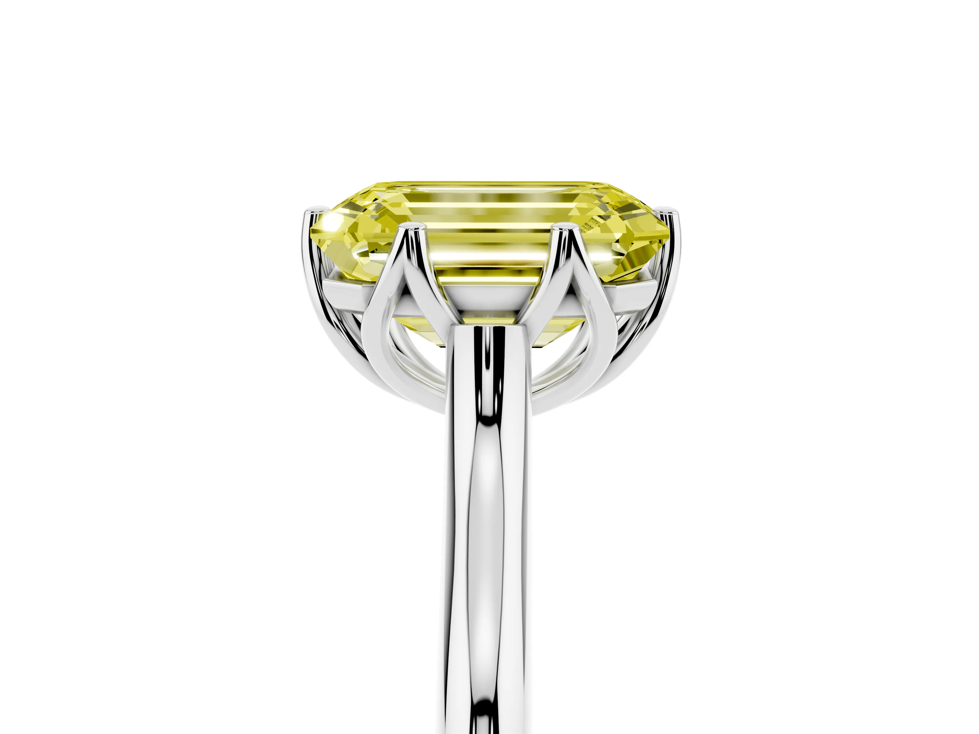 Fancy Yellow Emerald Cut Diamond Solitaire Cathedral Ring Set in Platinum with Prong Setting