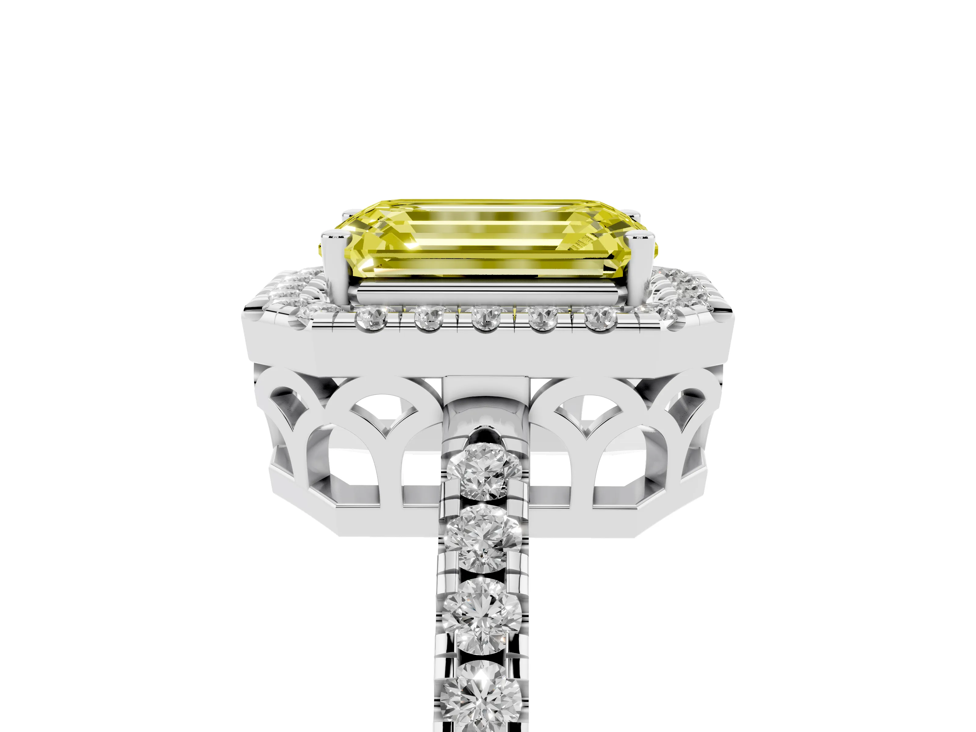Fancy Yellow Emerald Cut Diamond Pavé Band Halo Engagement Ring Set in White gold with Prong Setting