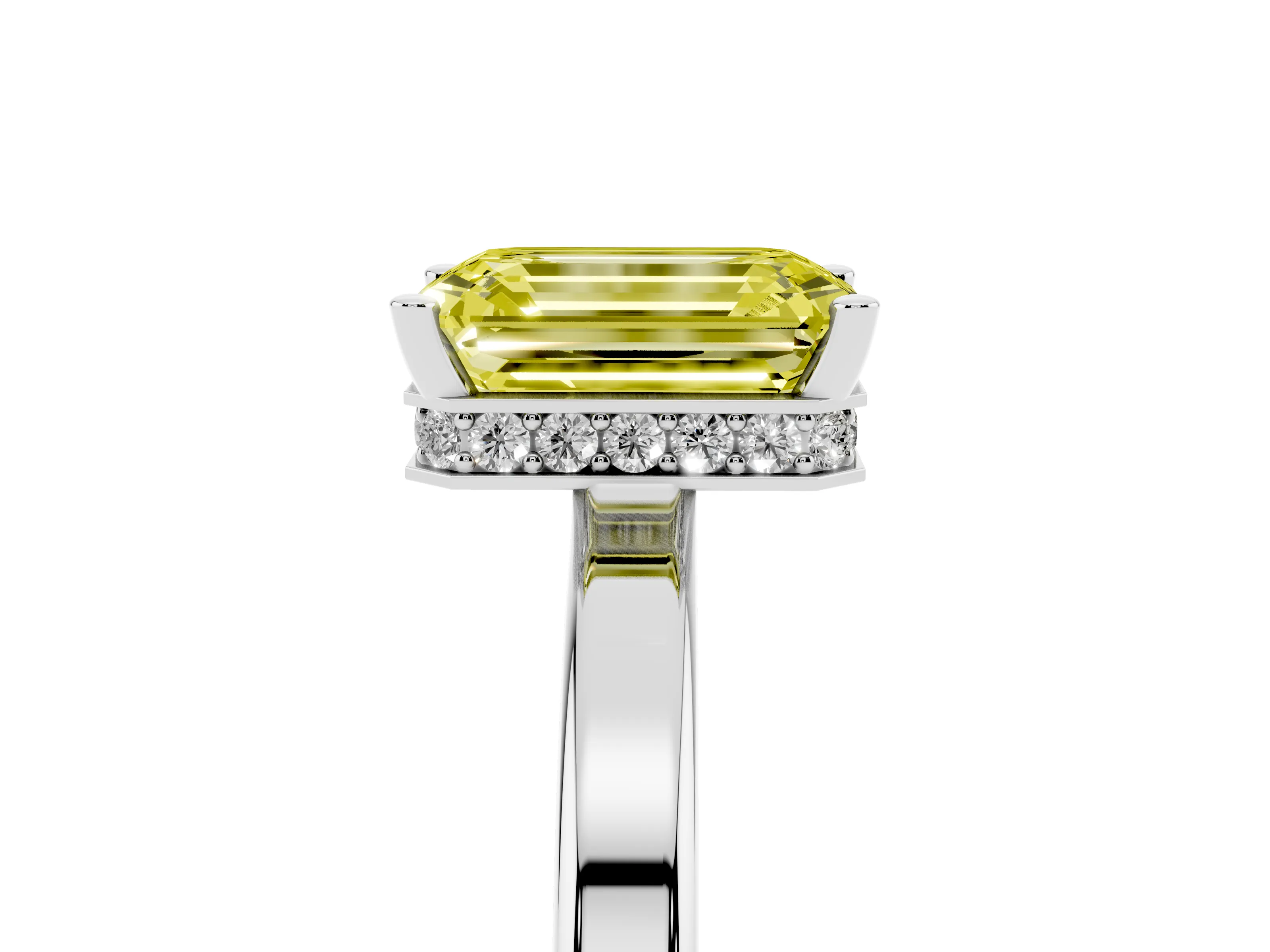 Fancy Yellow Emerald Cut Diamond Solitaire Engagement Ring Set in Platinum with Prong Setting on a Plain Band