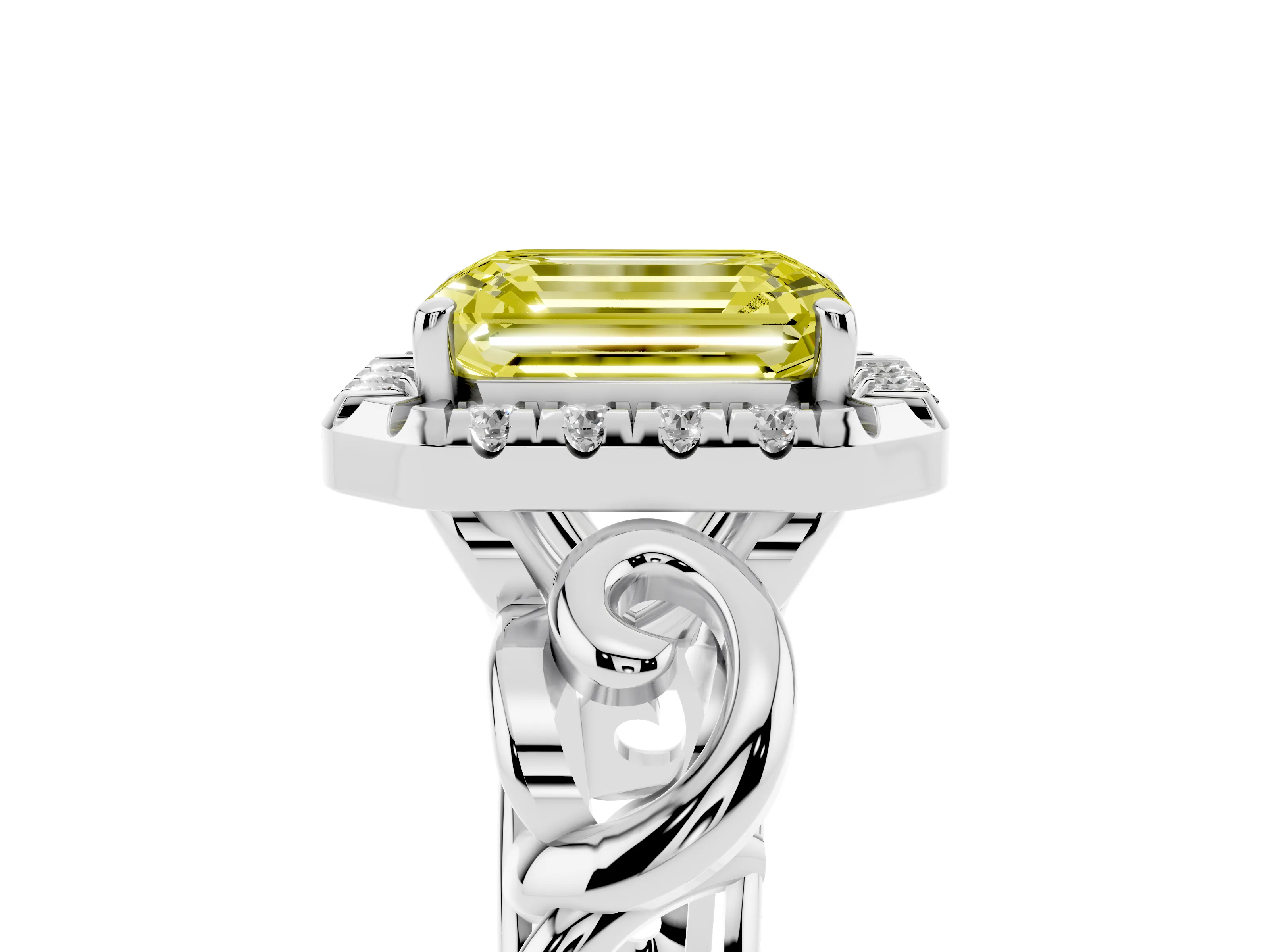 Fancy Yellow Emerald Cut Diamond Halo Ring Set in White gold with Scrollwork Band and Prong Setting
