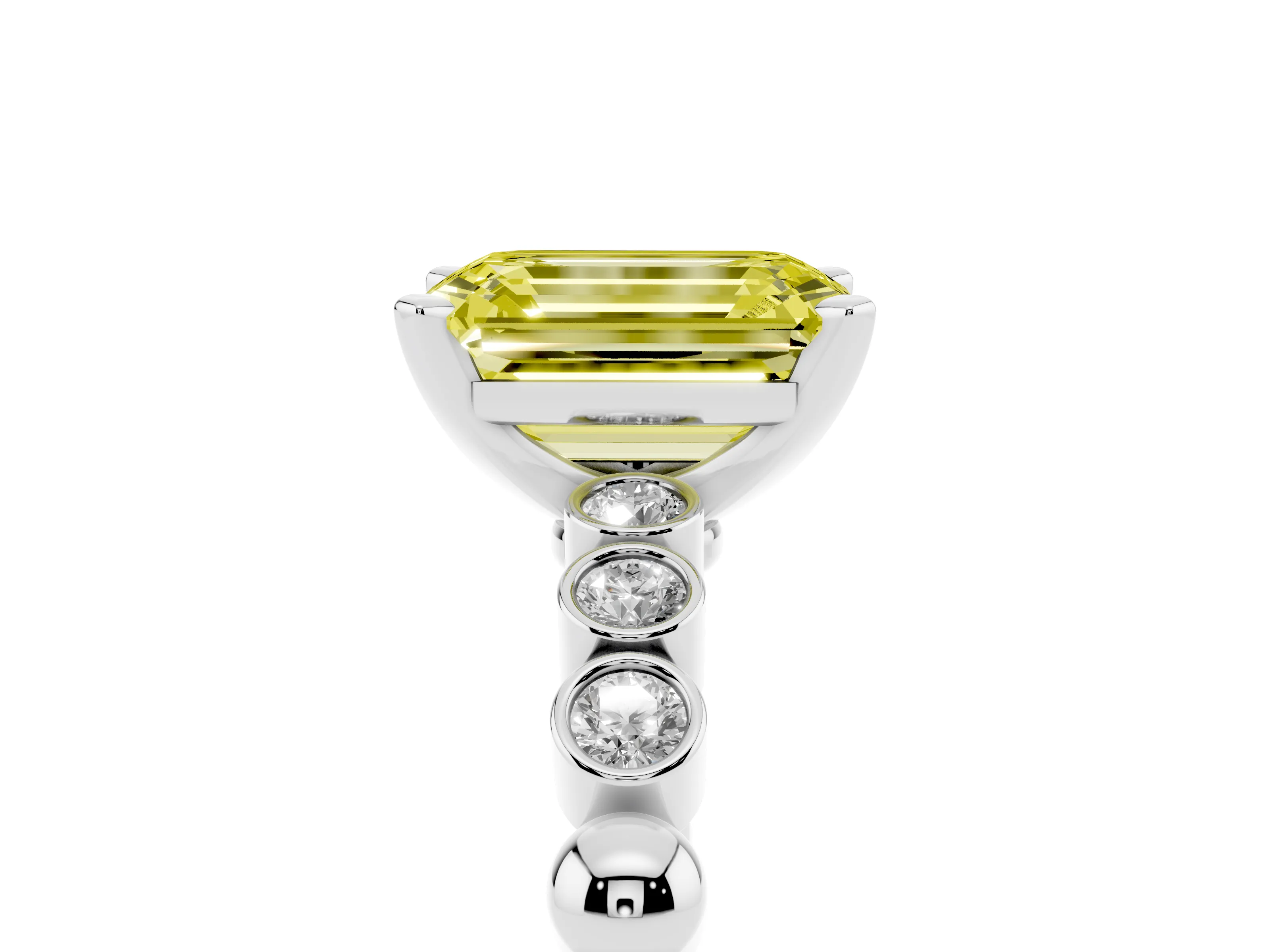 Fancy Yellow Emerald Cut Diamond Solitaire Engagement Ring Set in Silver with Bezel Accents on Beaded Band