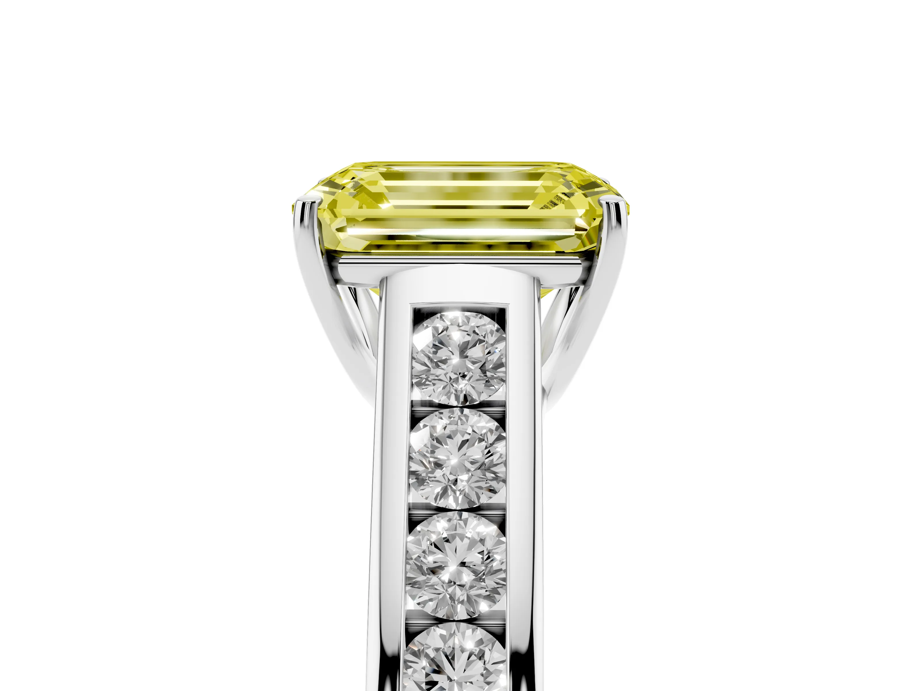 Fancy Yellow Emerald Cut Diamond Solitaire Channel-Set Engagement Ring Set in White gold with Prong Setting