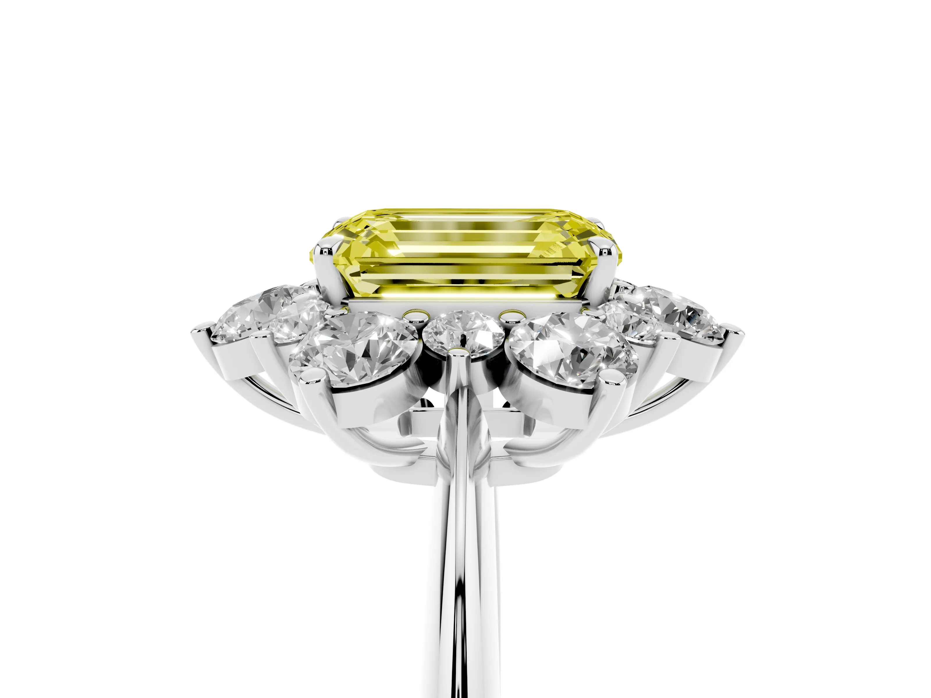 Fancy Yellow Emerald Cut Diamond Cluster Halo Ring Set in White gold with Solitaire Band and Prong Setting