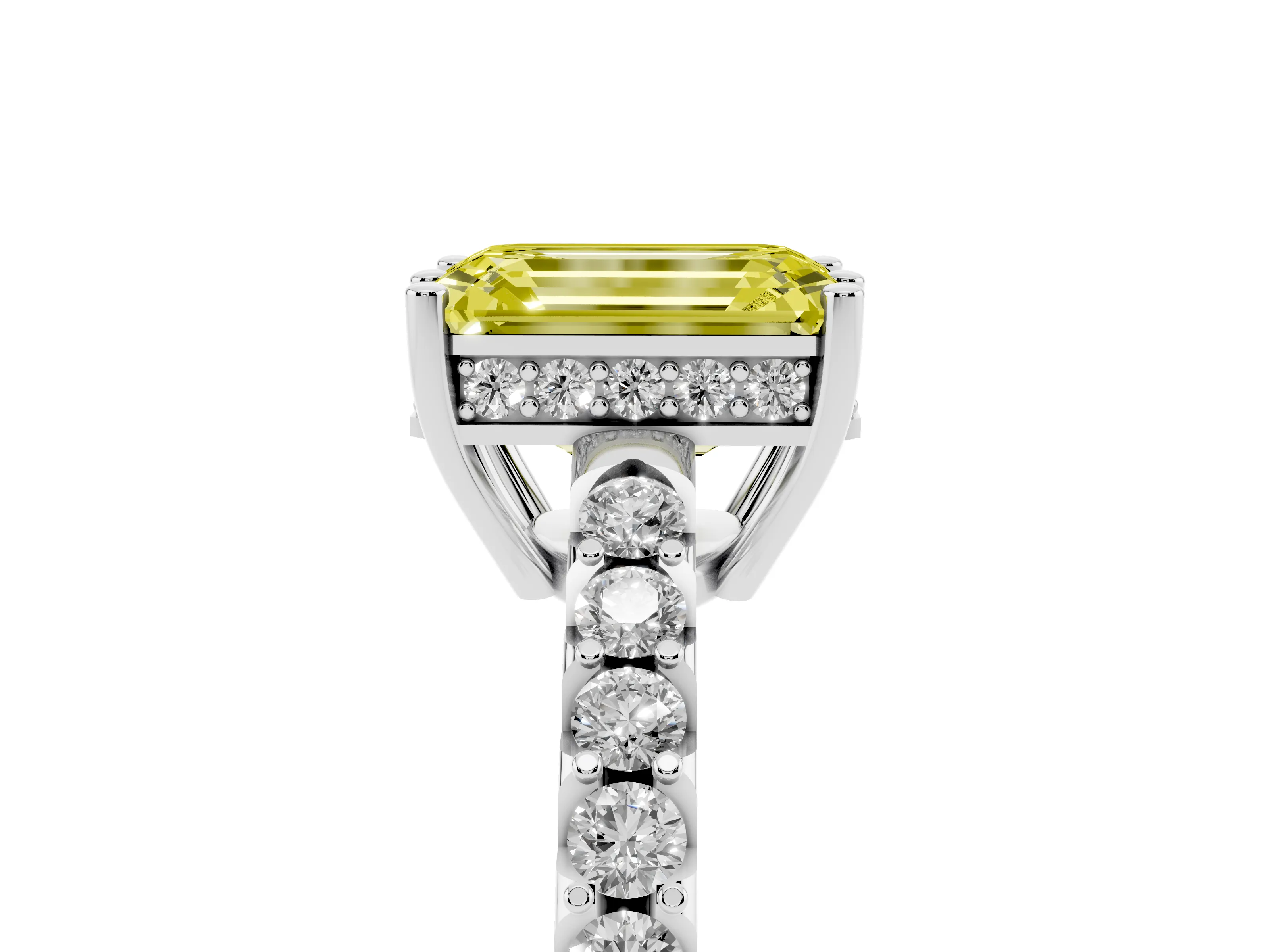 Fancy Yellow Emerald Cut Diamond Solitaire Engagement Ring Set in Silver with Pavé Band and Prong Setting
