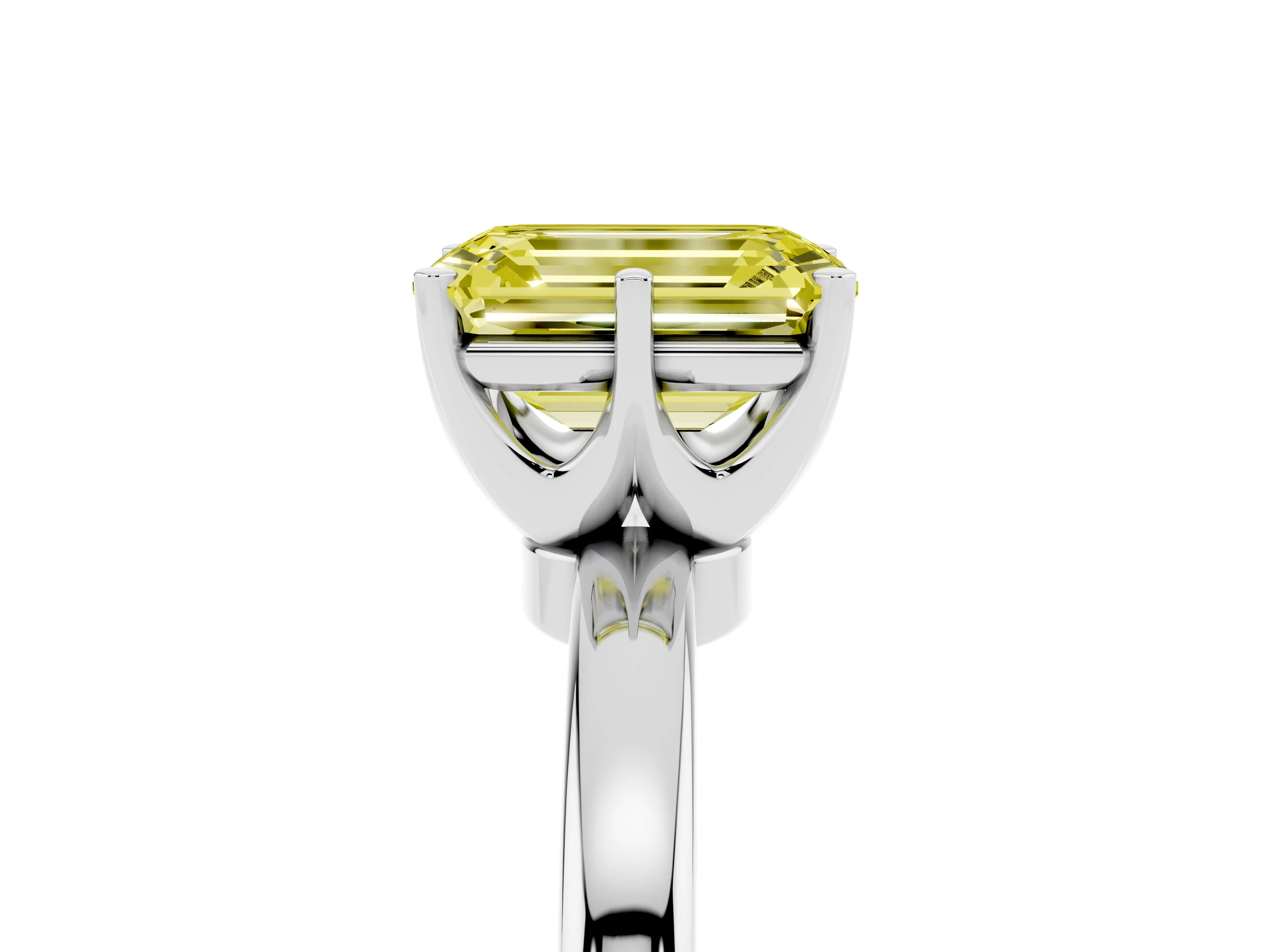 Fancy Yellow Emerald Cut Diamond Solitaire Ring Set in Platinum with Raised Prong Setting on a Classic Band