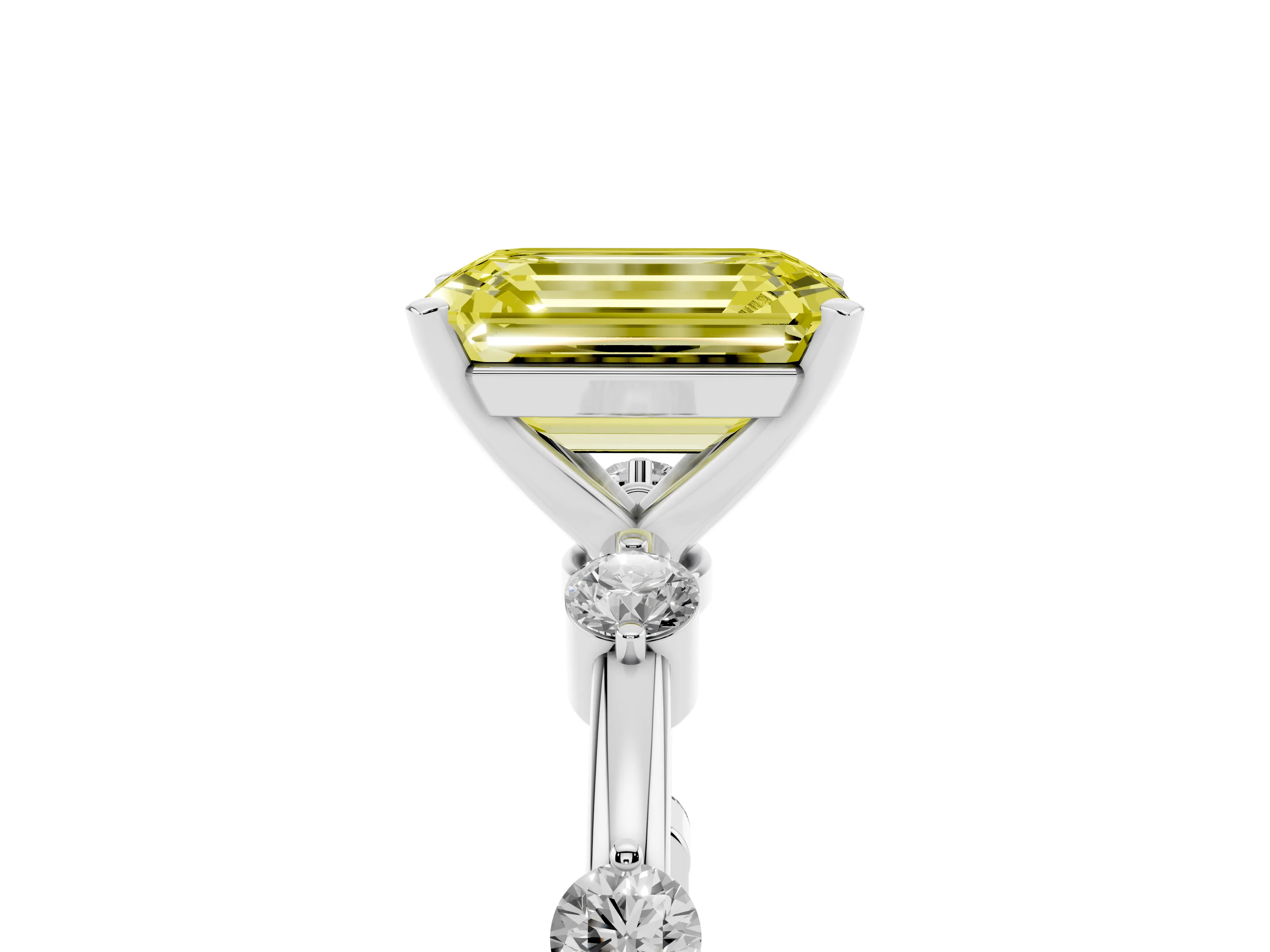 Fancy Yellow Emerald Cut Diamond Solitaire Ring Set in White gold with Bezel Set Side Stones and Prong Setting