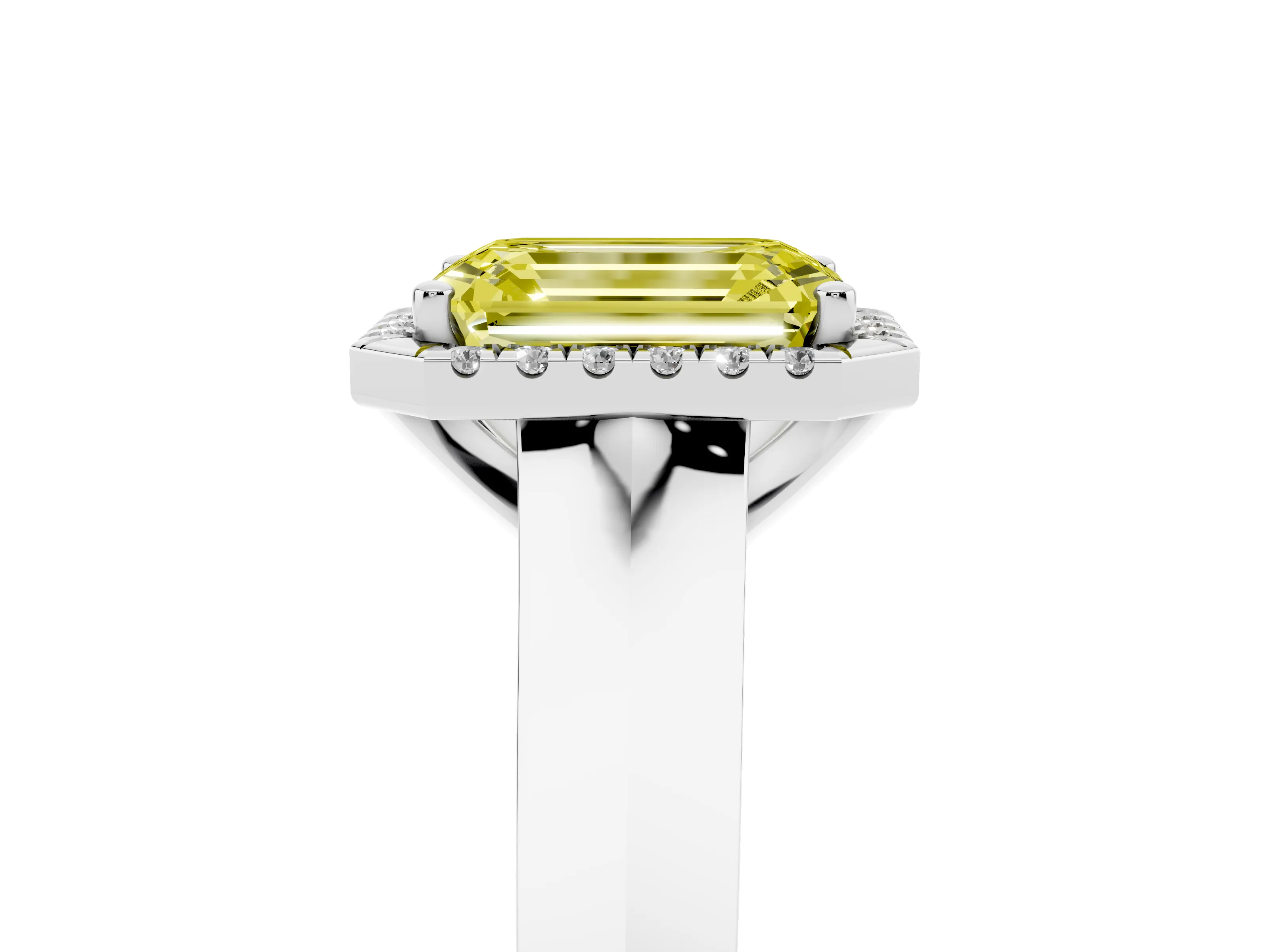 Fancy Yellow Emerald Cut Diamond Halo Ring Set in White gold with Cathedral Band and Prong Setting