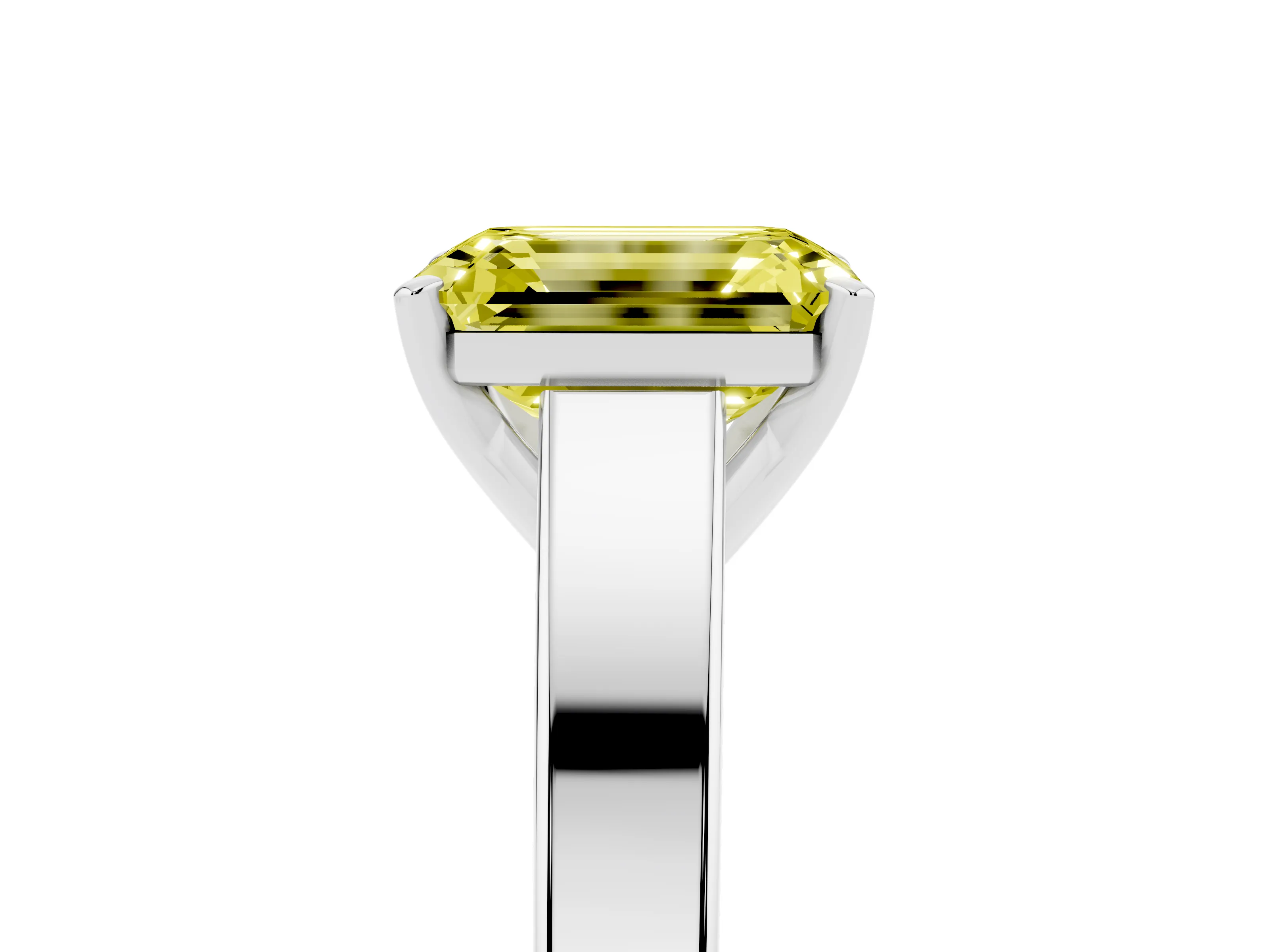 Fancy Yellow Emerald Cut Diamond Solitaire Engagement Ring Set in White gold with Prong Setting and Tapered Band