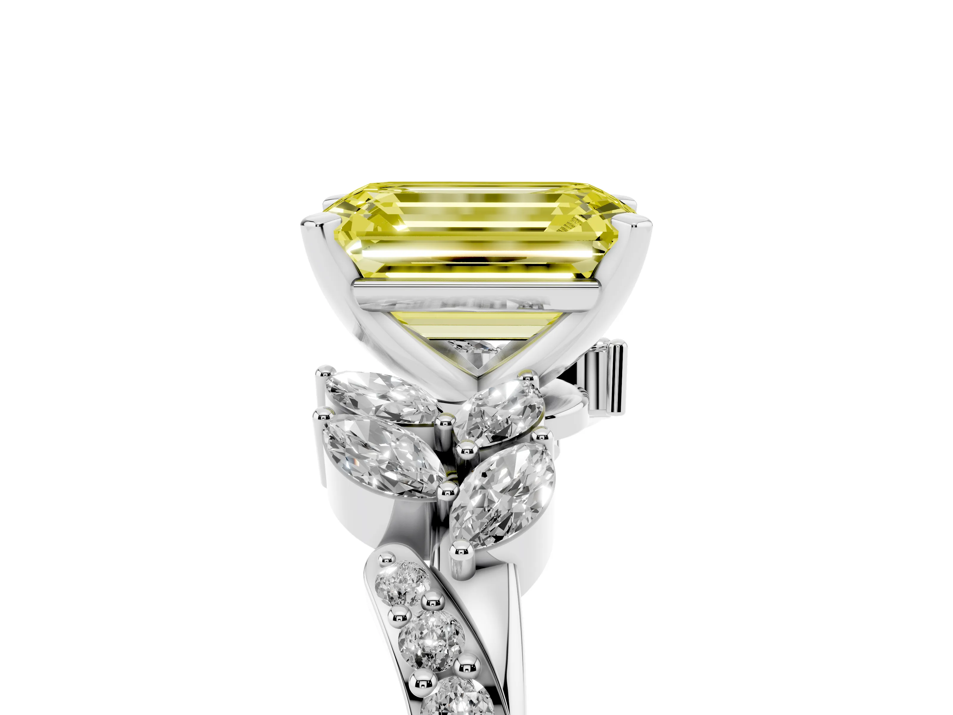 Fancy Yellow Emerald Cut Diamond Solitaire Ring Set in Platinum with Marquise Twist Band and Prong Setting