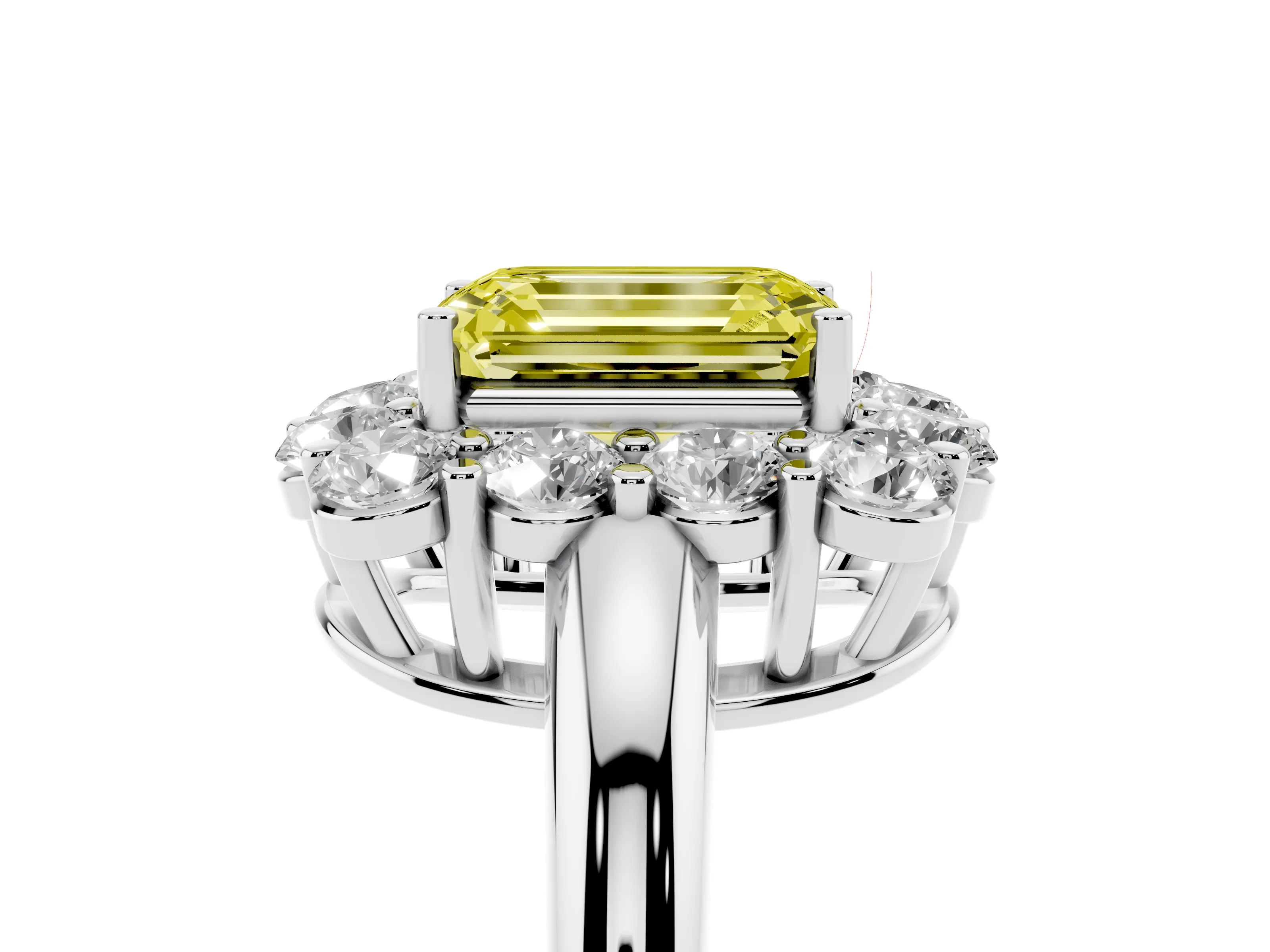 Fancy Yellow Emerald Cut Diamond Halo Cluster Engagement Ring Set in White gold with Polished Band and Prong Setting