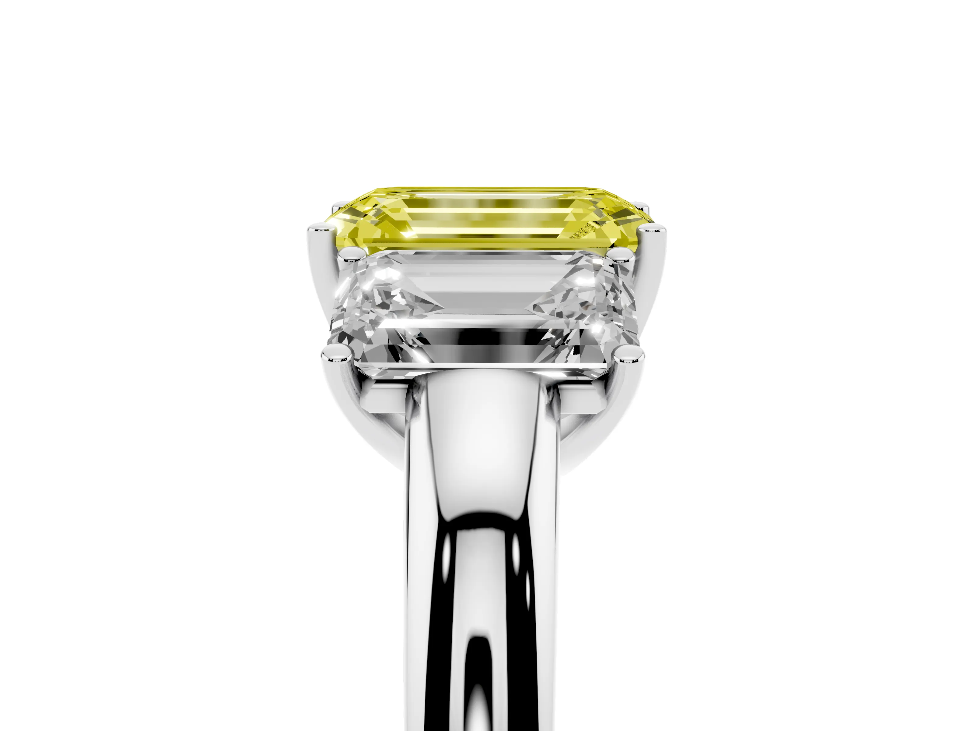 Fancy Yellow Emerald Cut Diamond Three-Stone Ring Set in Silver with Bold Center and Classic Band