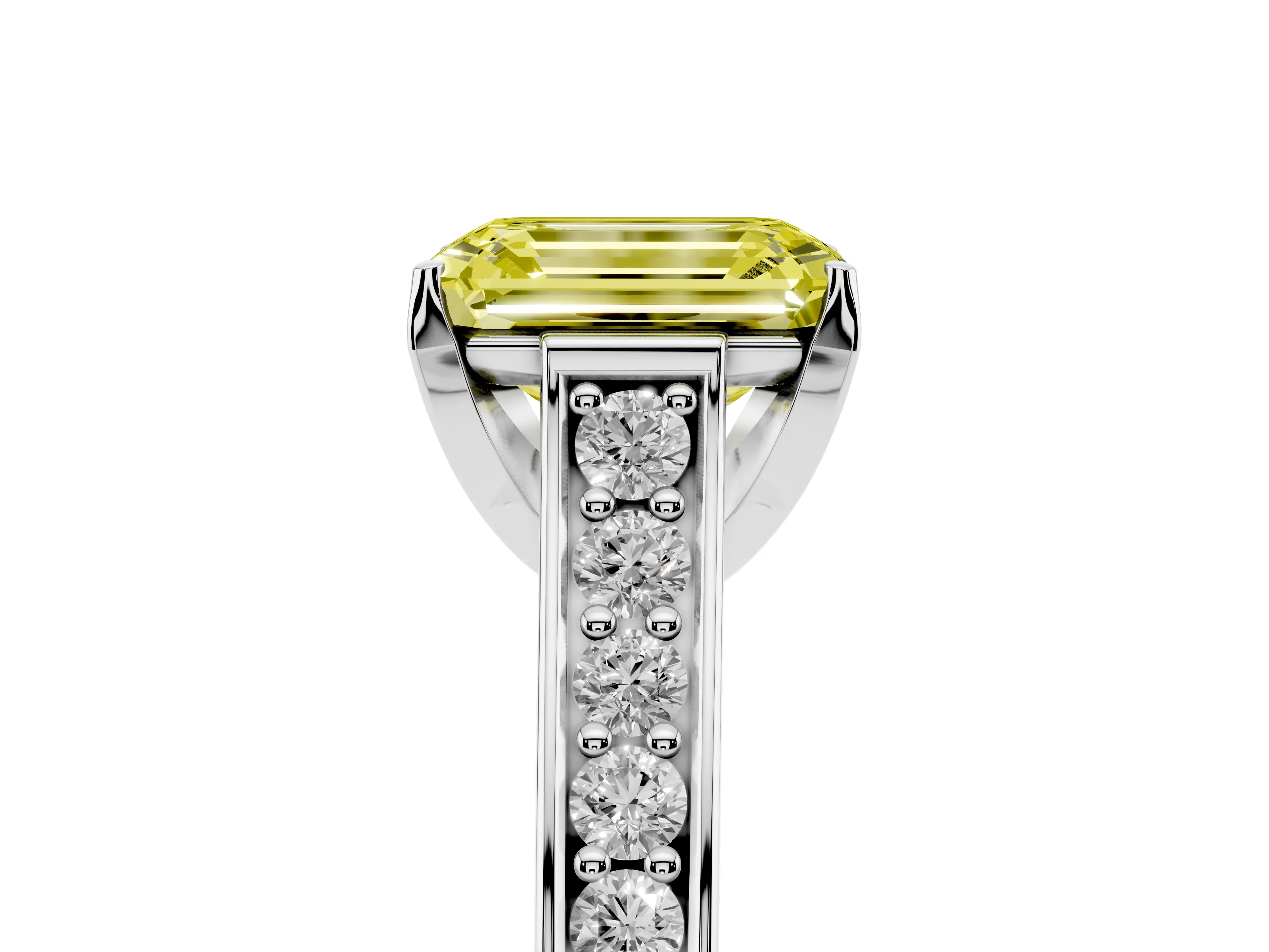 Fancy Yellow Emerald Cut Diamond Solitaire Pavé Engagement Ring Set in Silver with Prong Setting