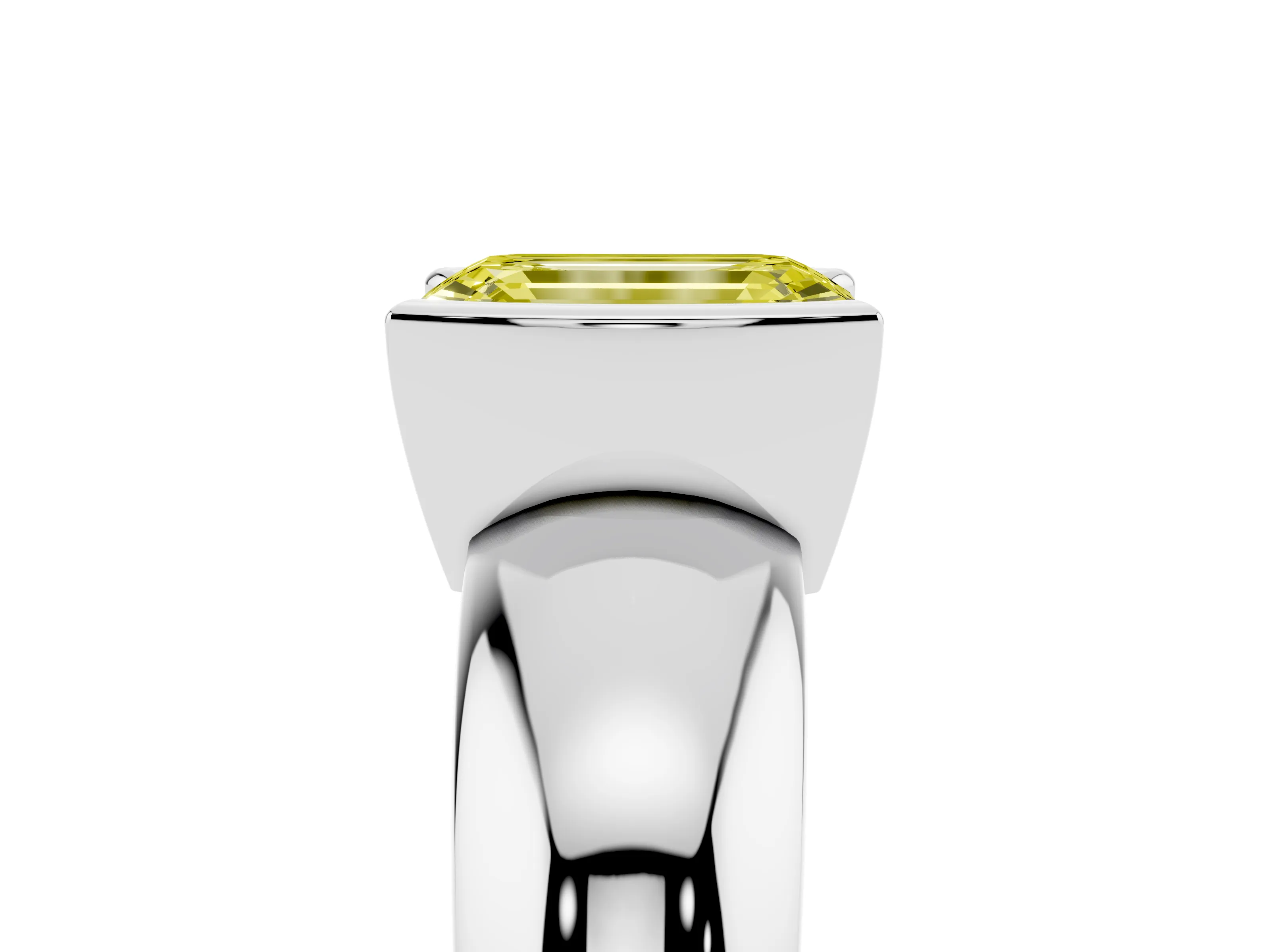 Fancy Yellow Emerald Cut Diamond Solitaire Tension Set Ring Set in Silver with Wide Band