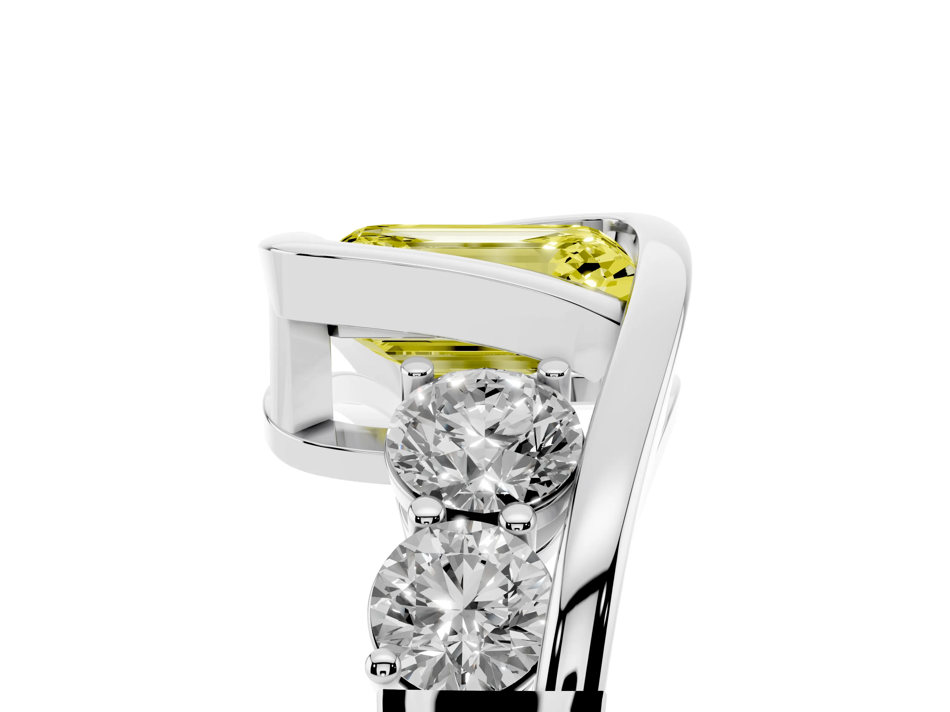 Fancy Yellow Emerald Cut Diamond Bezel Bypass Ring Set in Silver with Round Accents