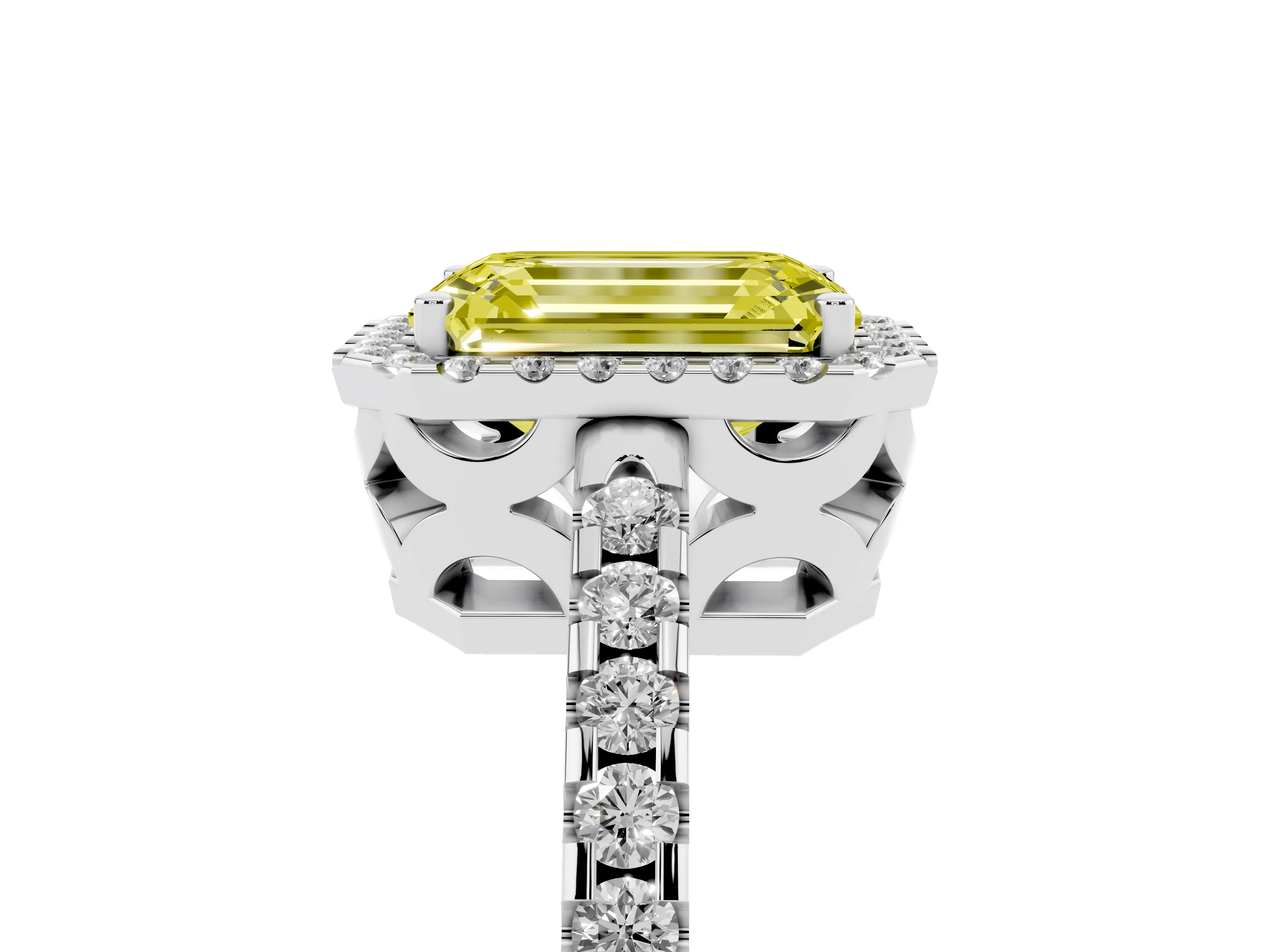 Fancy Yellow Emerald Cut Diamond Halo Ring Set in White gold with Pavé Shoulders and Halo-Framed Center