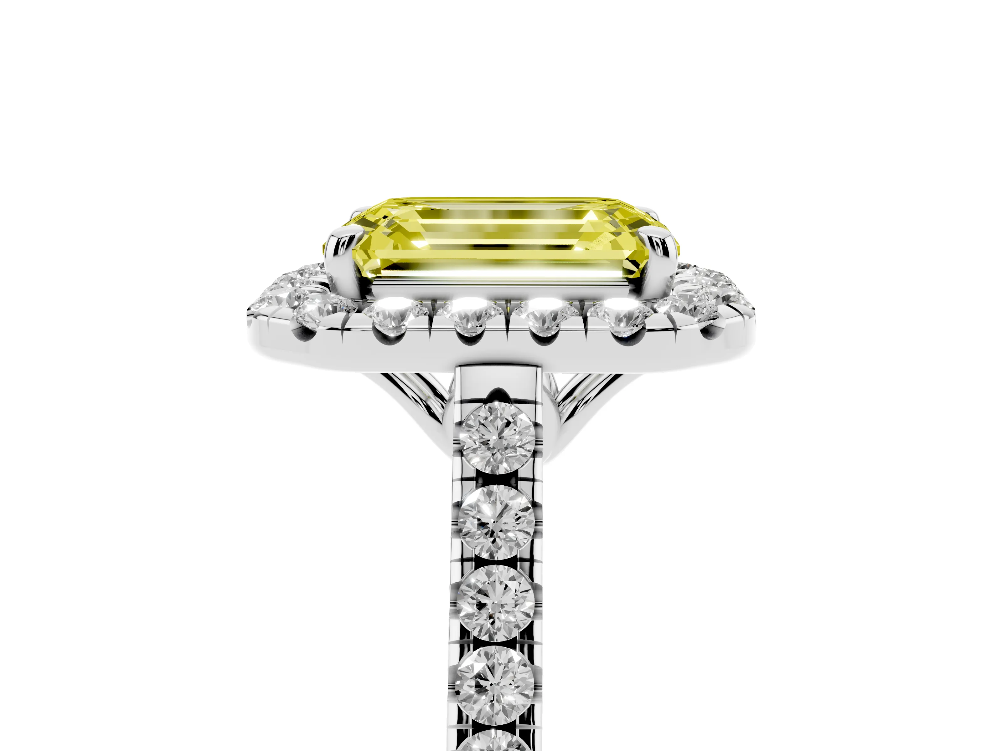 Fancy Yellow Emerald Cut Diamond Pavé Halo Engagement Ring Set in White gold with Pavé Band and Prong Setting