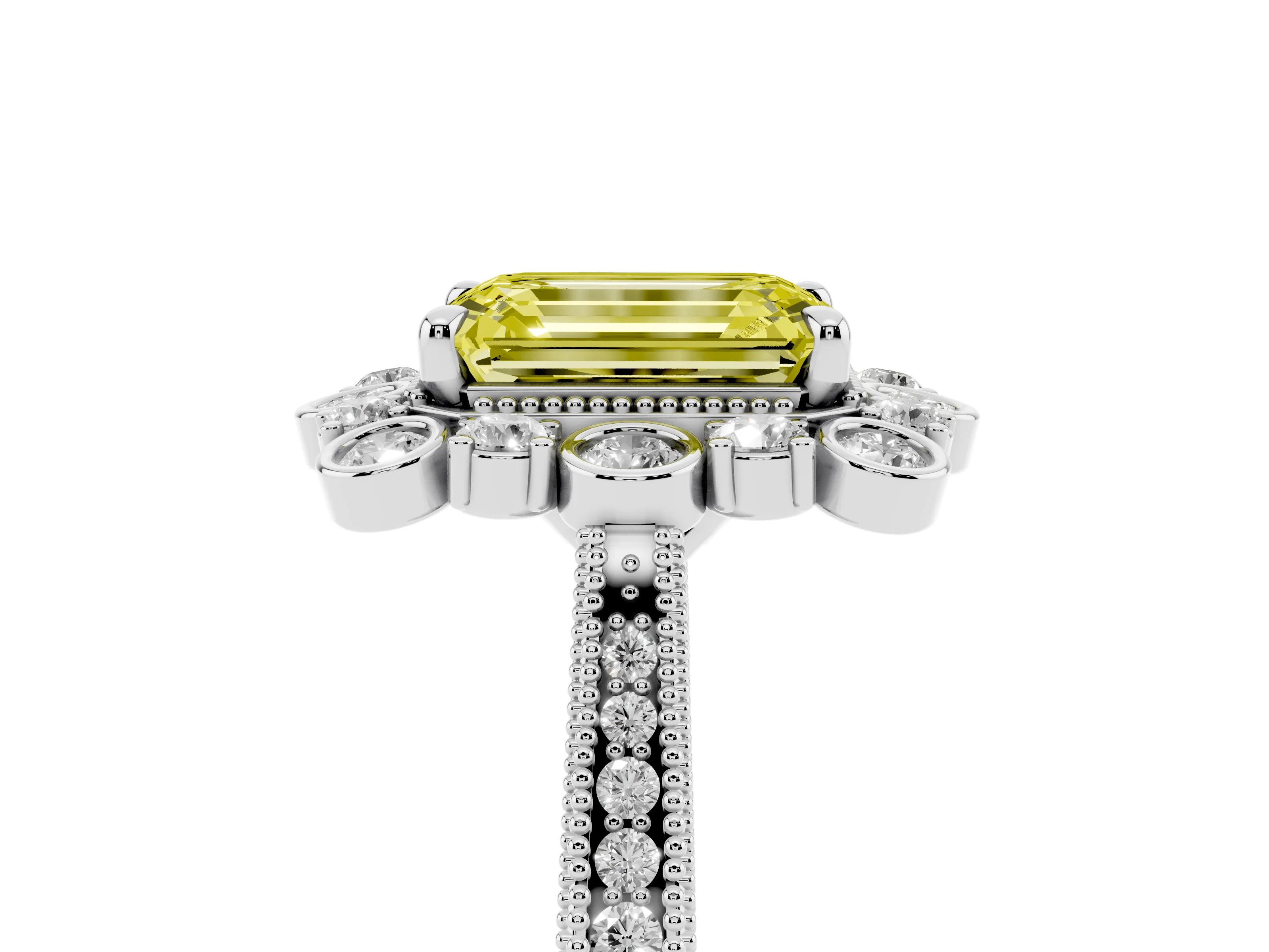 Fancy Yellow Emerald Cut Diamond Halo Milgrain Pavé Ring Set in White gold with Prong Setting