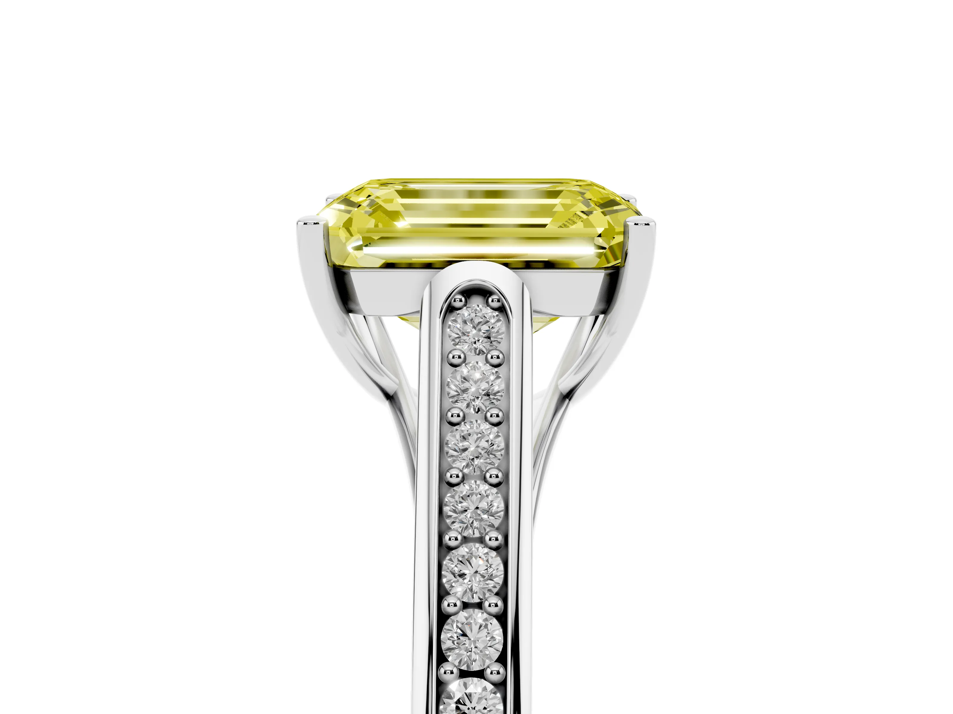 Fancy Yellow Emerald Cut Diamond Solitaire Cathedral Engagement Ring Set in Silver with Channel-Set Band and Prong Setting