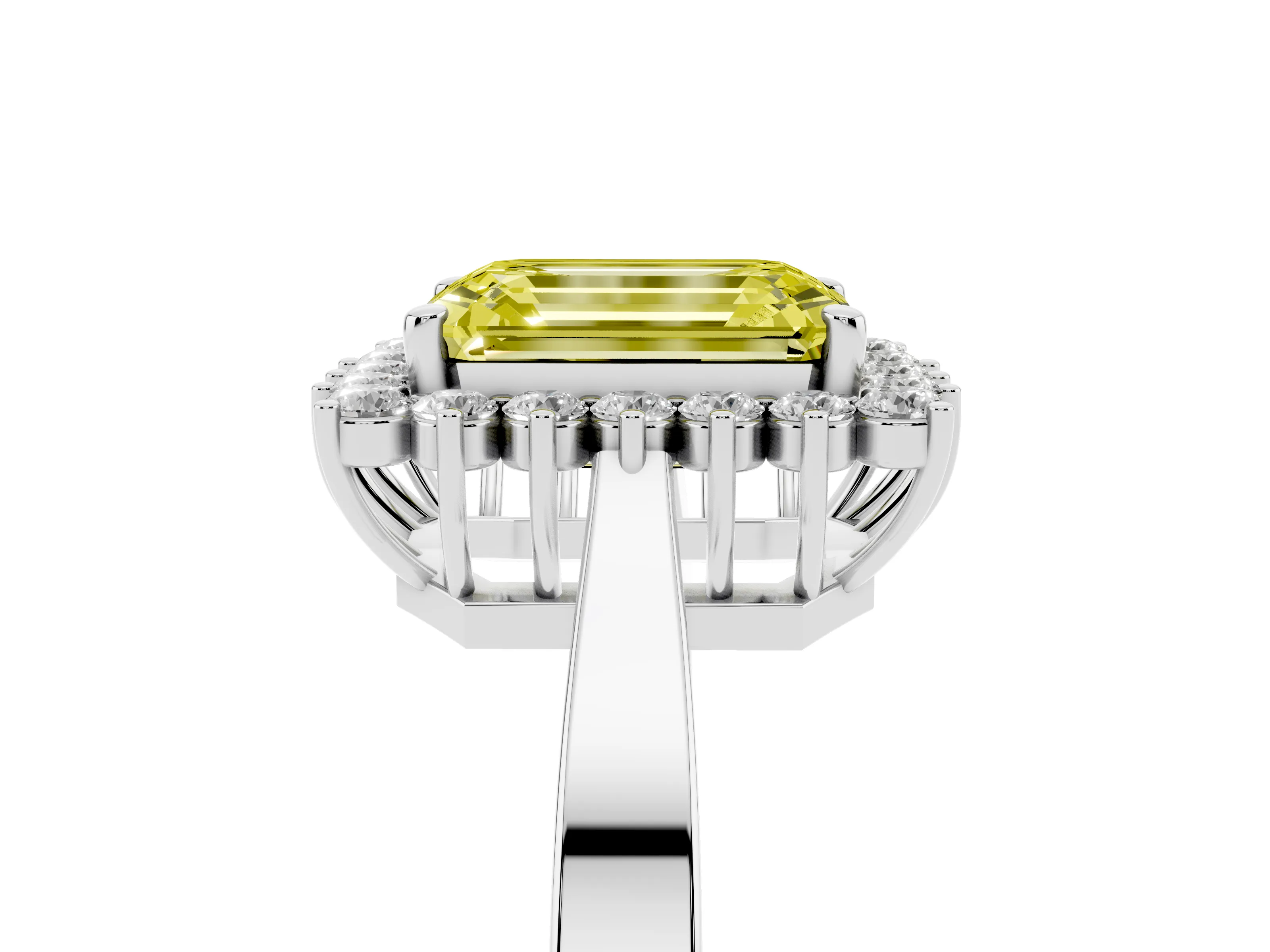 Fancy Yellow Emerald Cut Diamond Halo Ring Set in White gold with Round Halo and Smooth Solitaire Band