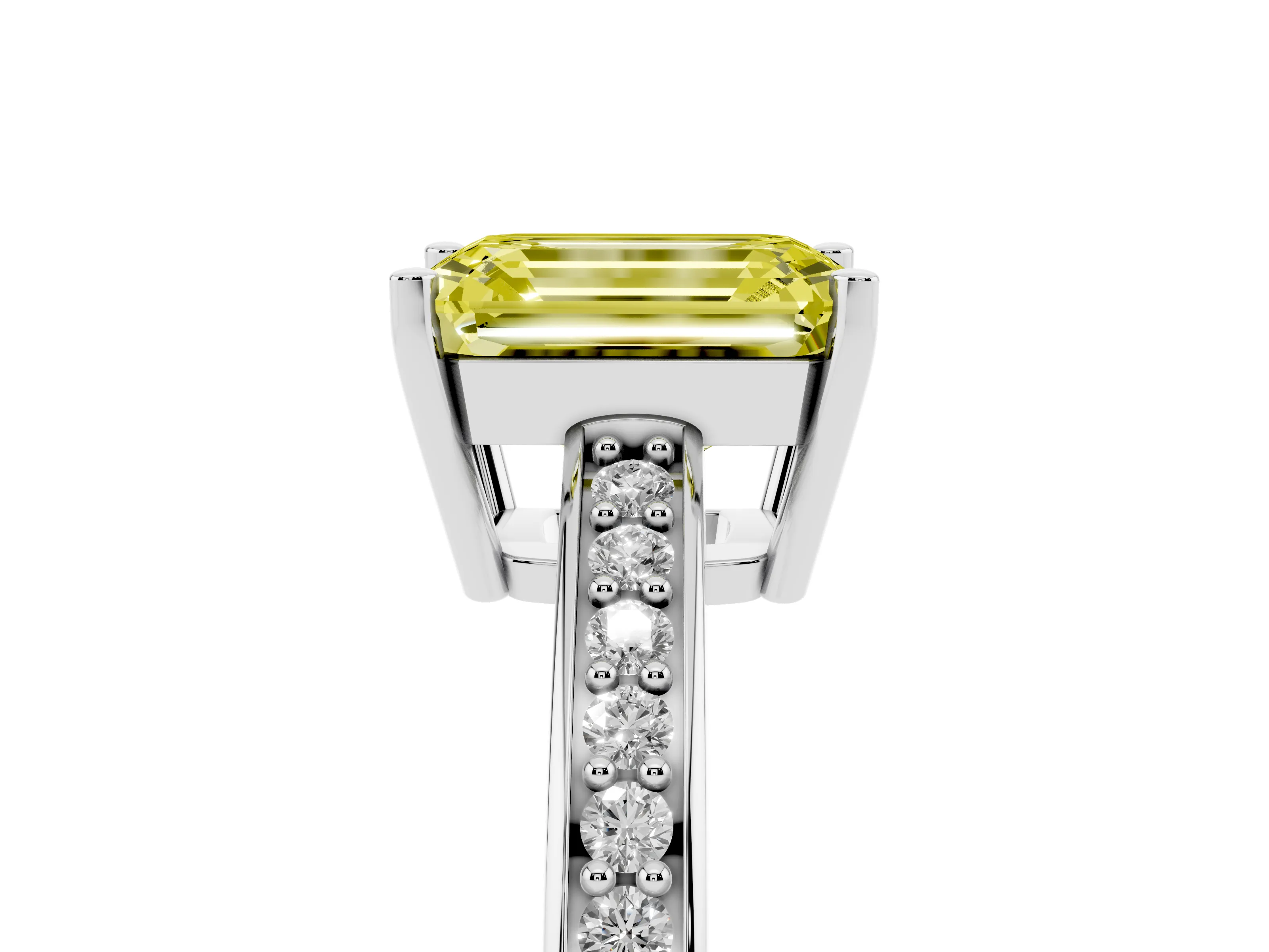 Fancy Yellow Emerald Cut Diamond Pavé Band Prong Set Solitaire Ring Set in White gold